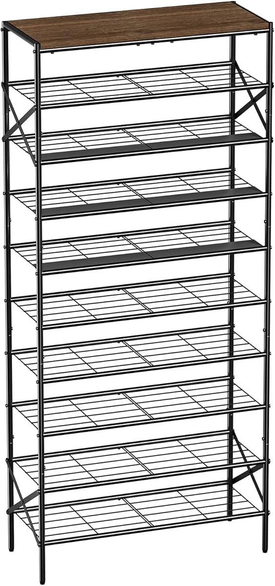 UNITSTAGE 10-Tier Tall Shoe Rack Organizer Shoe Storage for Entryway 30-40 Pairs Metal Shoe Rack for Closet Heavy-Duty Shoe Rack with Wooden Top Shelf for Garage Rustic Brown