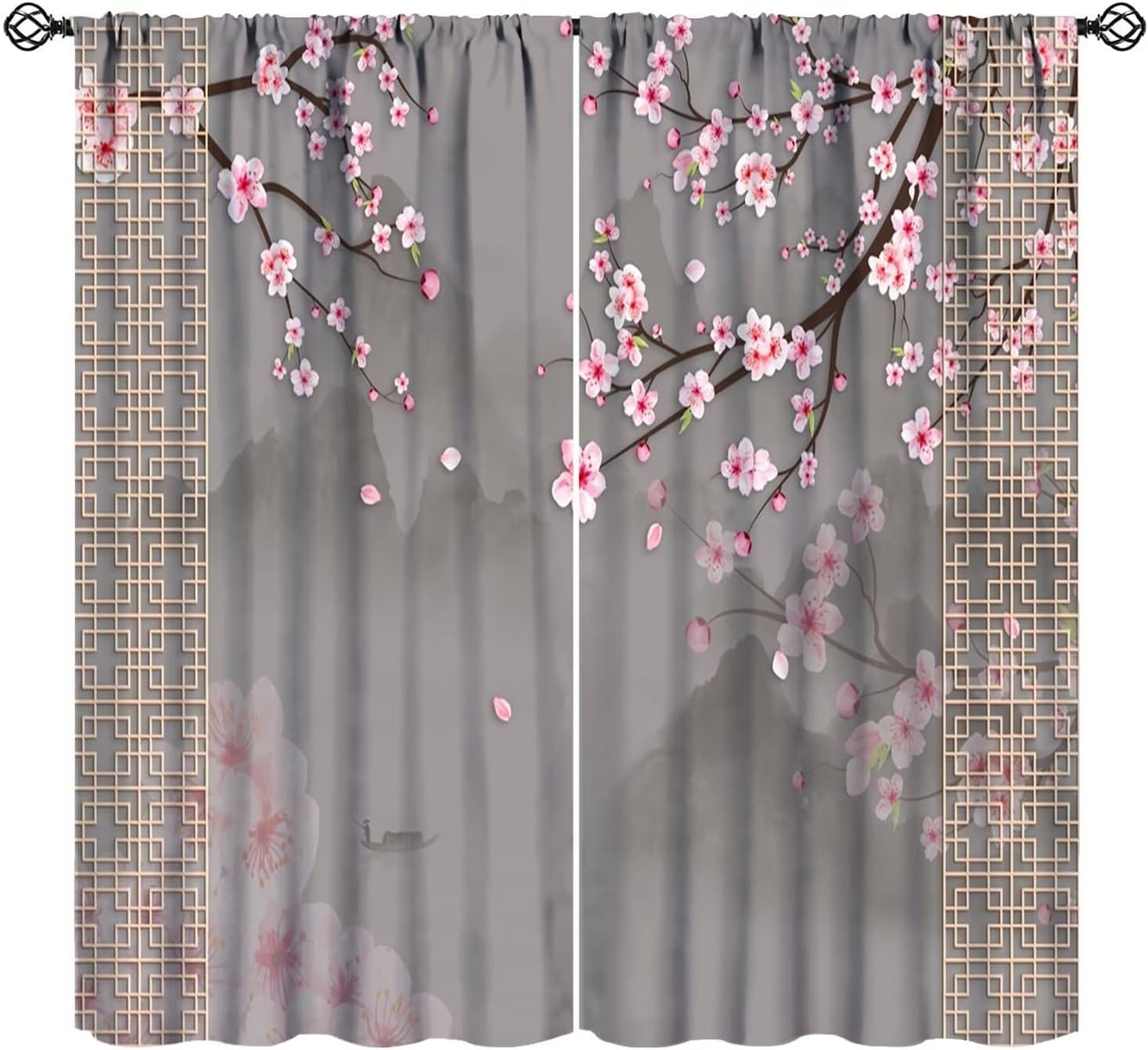 JESTRONRY Asian Curtains, Japanese Style Mountain Painting Branches Blossom Room Darkening Door Window Rod Pocket Curtain for Living Room Bedroom Kitchen Bathroom W42xL45in