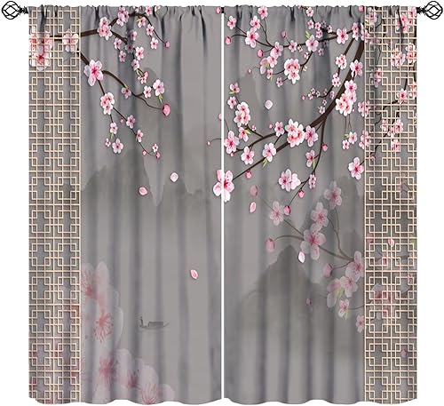 JESTRONRY Cortinas asiáticas, estilo japonés, pintura de montaña, ramas, flores, oscurecimiento de habitación, puerta, ventana, bolsillo para barra,