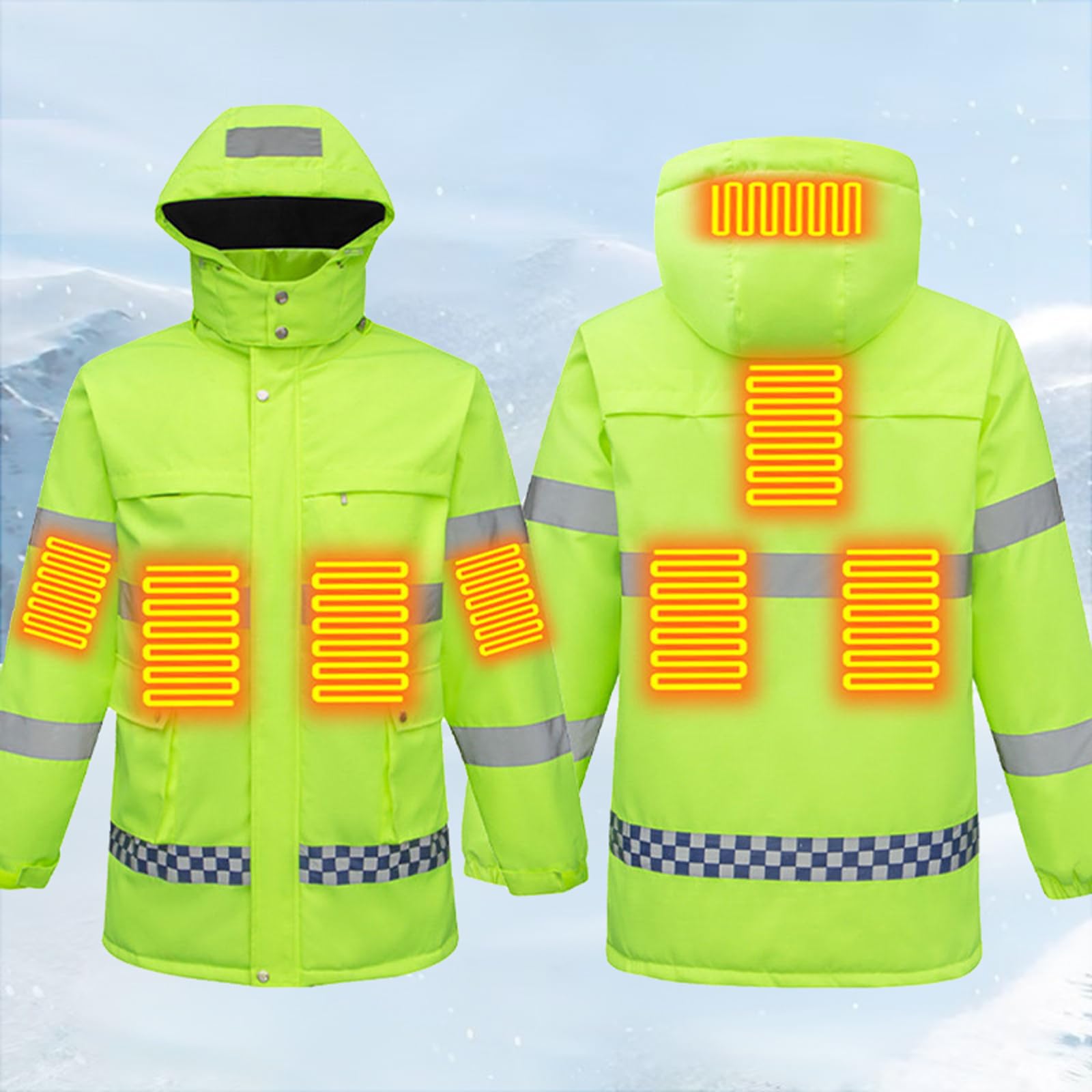 Ogrzewana kurtka robocza z kapturem, odblaskowa, o wysokiej widoczności, kurtka ochronna, odzież robocza z funkcją ogrzewania.Green,6XL