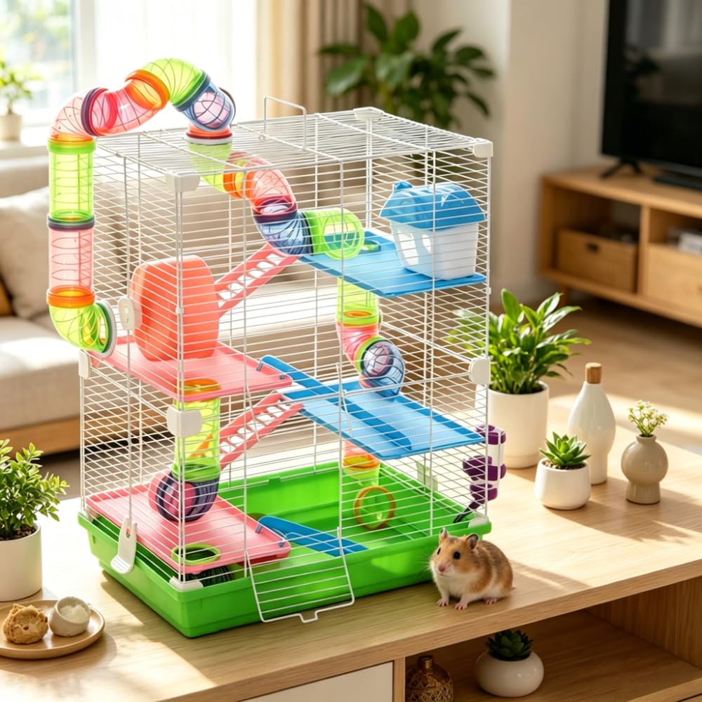 Grüner Hamsterkäfig aus Metall & PP, Mehrstöckiger Nagetierkäfig, Vertikaler Haustierkäfig mit komplettem Spielzubehör für kleine Nager