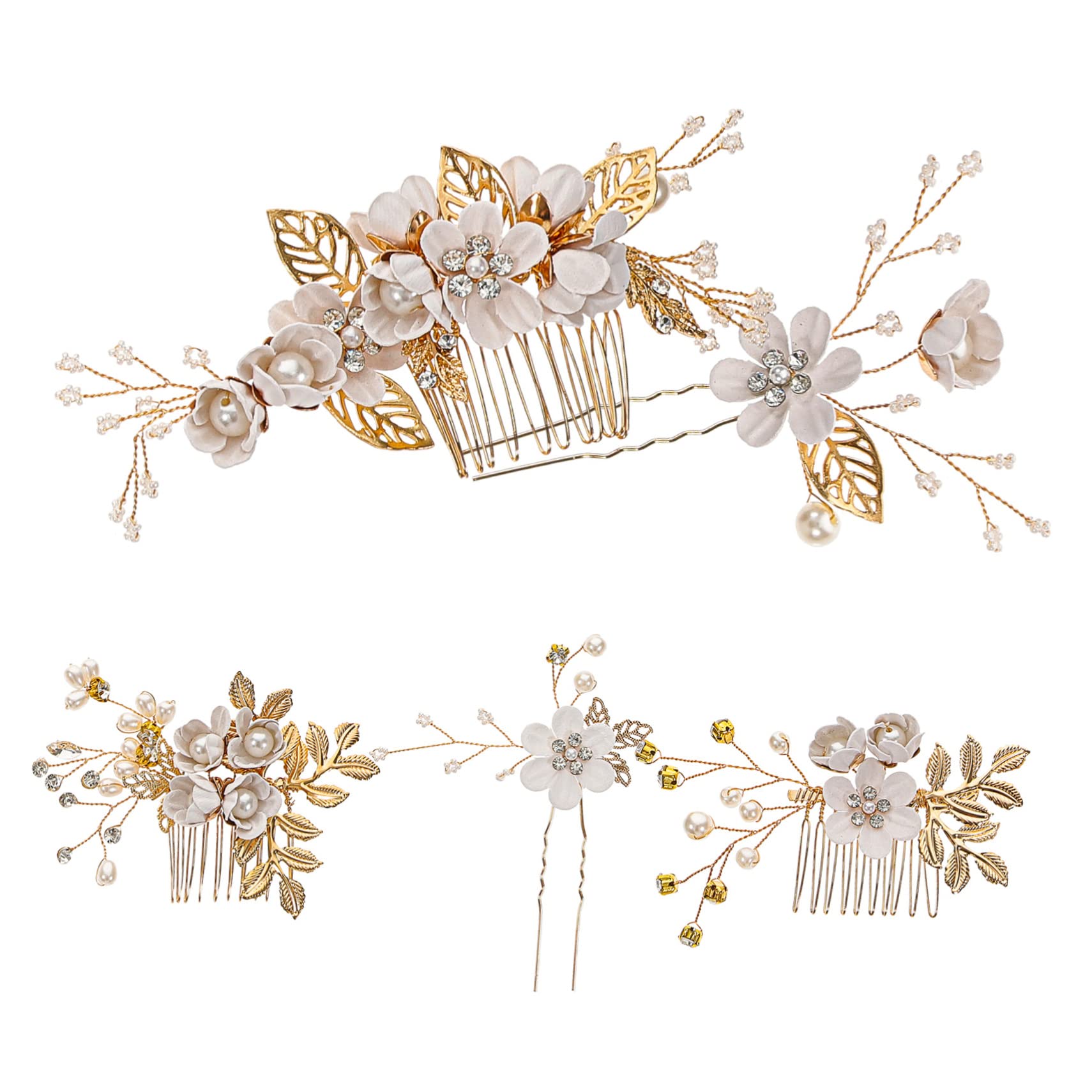 LALAFINA 2sätze Perlenblüten-haarspange Und Haarkamm Eleganter Brautkopfschmuck Für Hochzeiten Feste Und Besondere Anlässe Teiliges Mit Goldakzenten Handgefertigt Langlebig Und