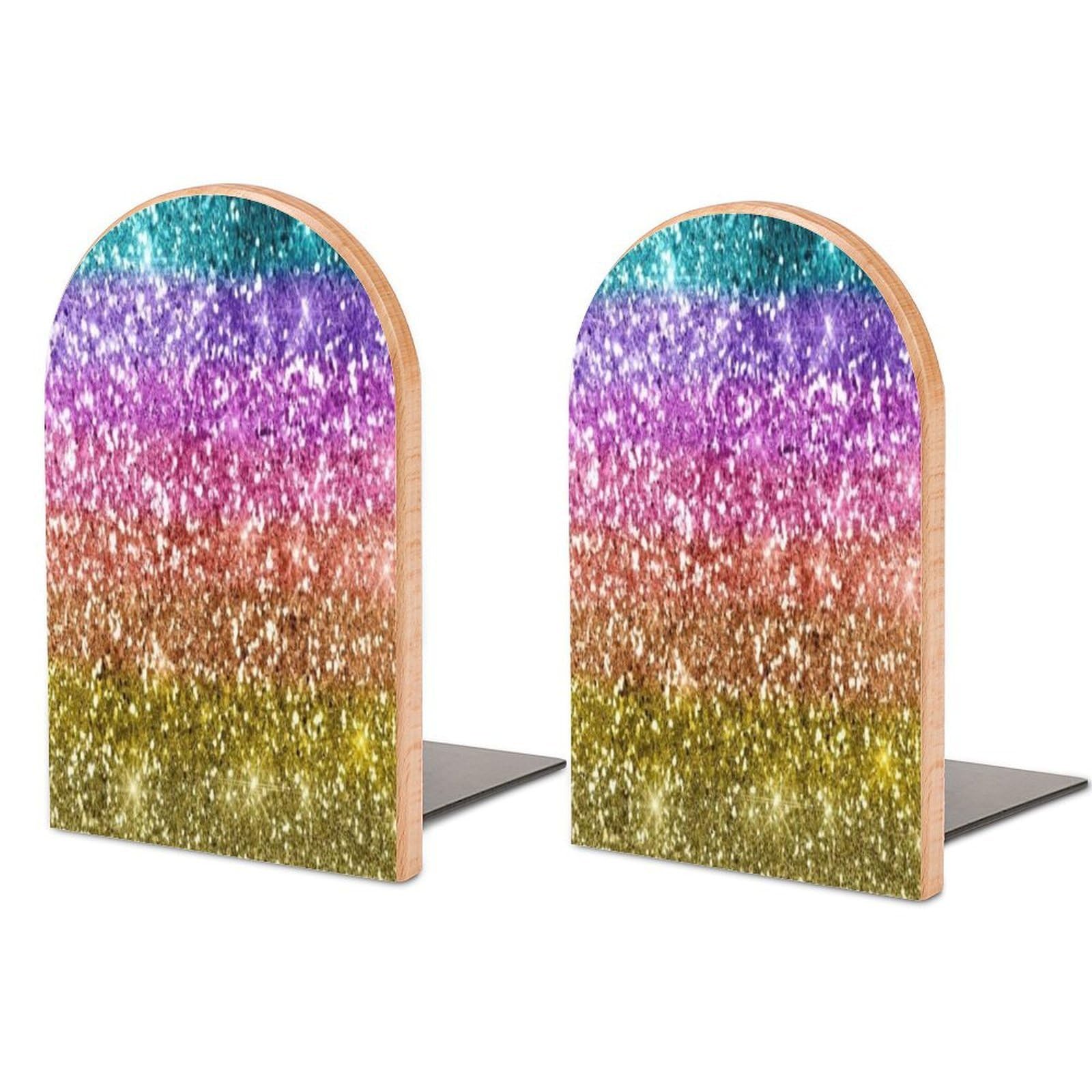 Rainbow Glitter Background Beech Wood Bookends Heavy Duty Book Organizers Desktop File Holder for Office Home Bookshelf