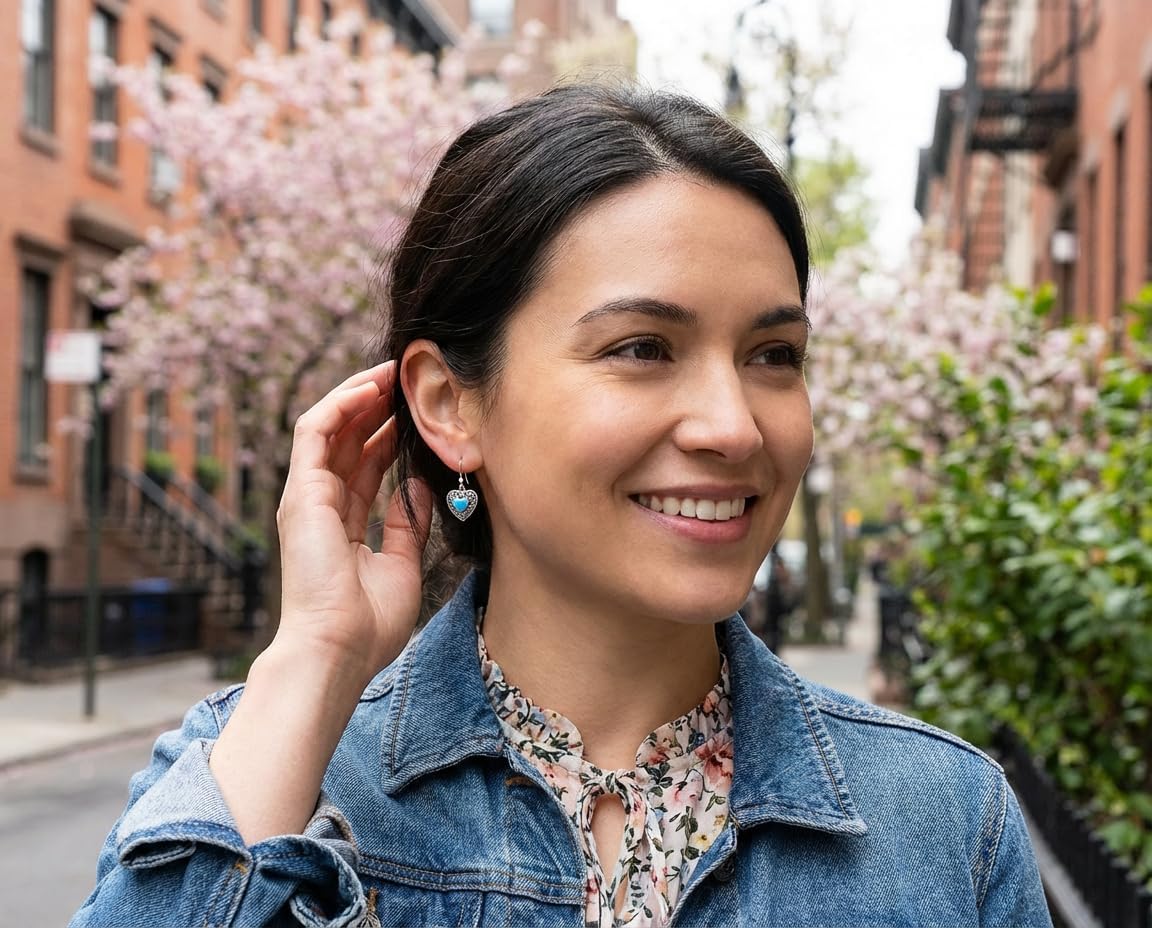 Boho Bali Style Scroll Filigree Pink Rhodochrosite Blue Turquoise Gemstone Heart Shaped Dangling Earrings For Women Oxidized .925 Sterling Silver