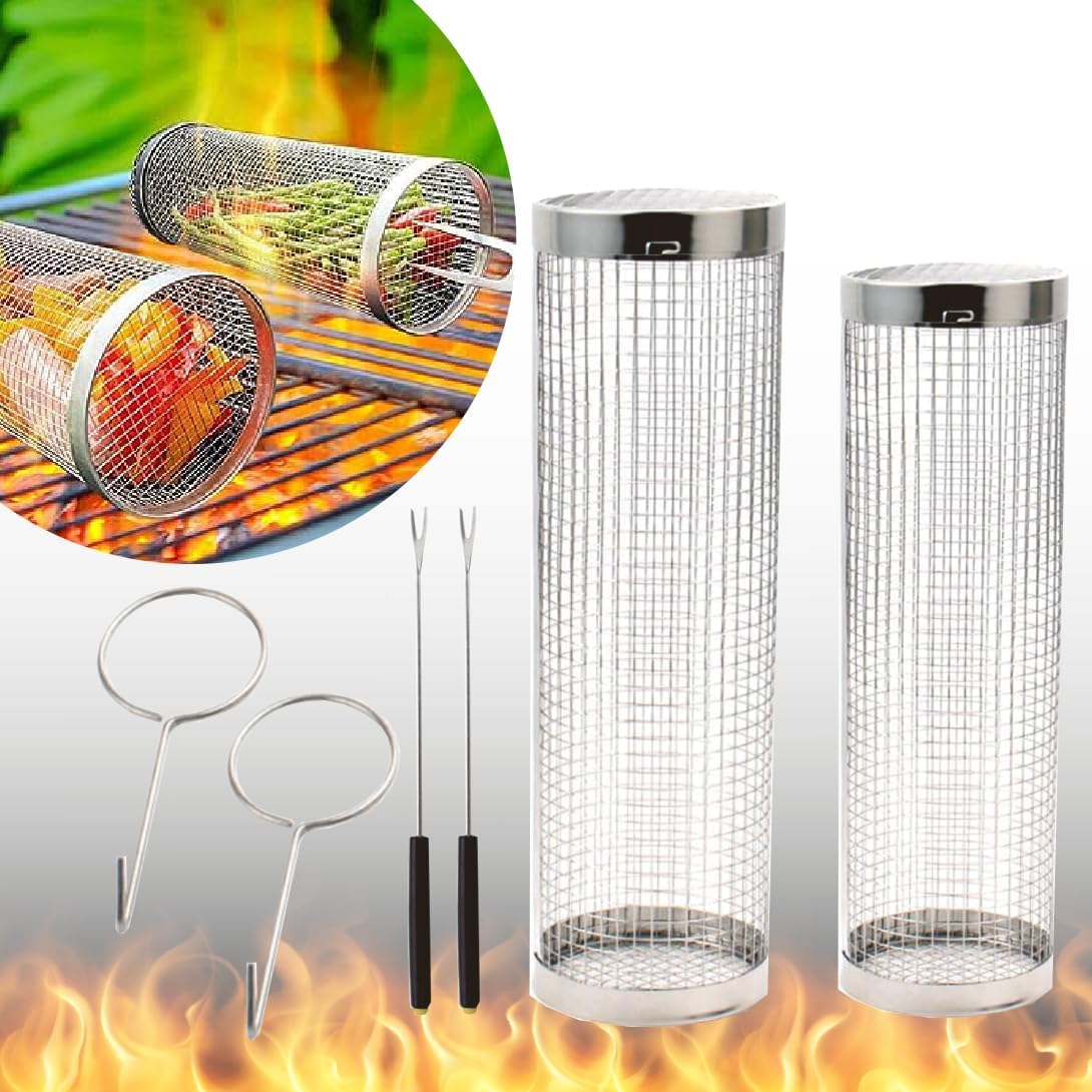 Upgraded 2 Rolling Grilling Baskets for Outdoor Grilling
