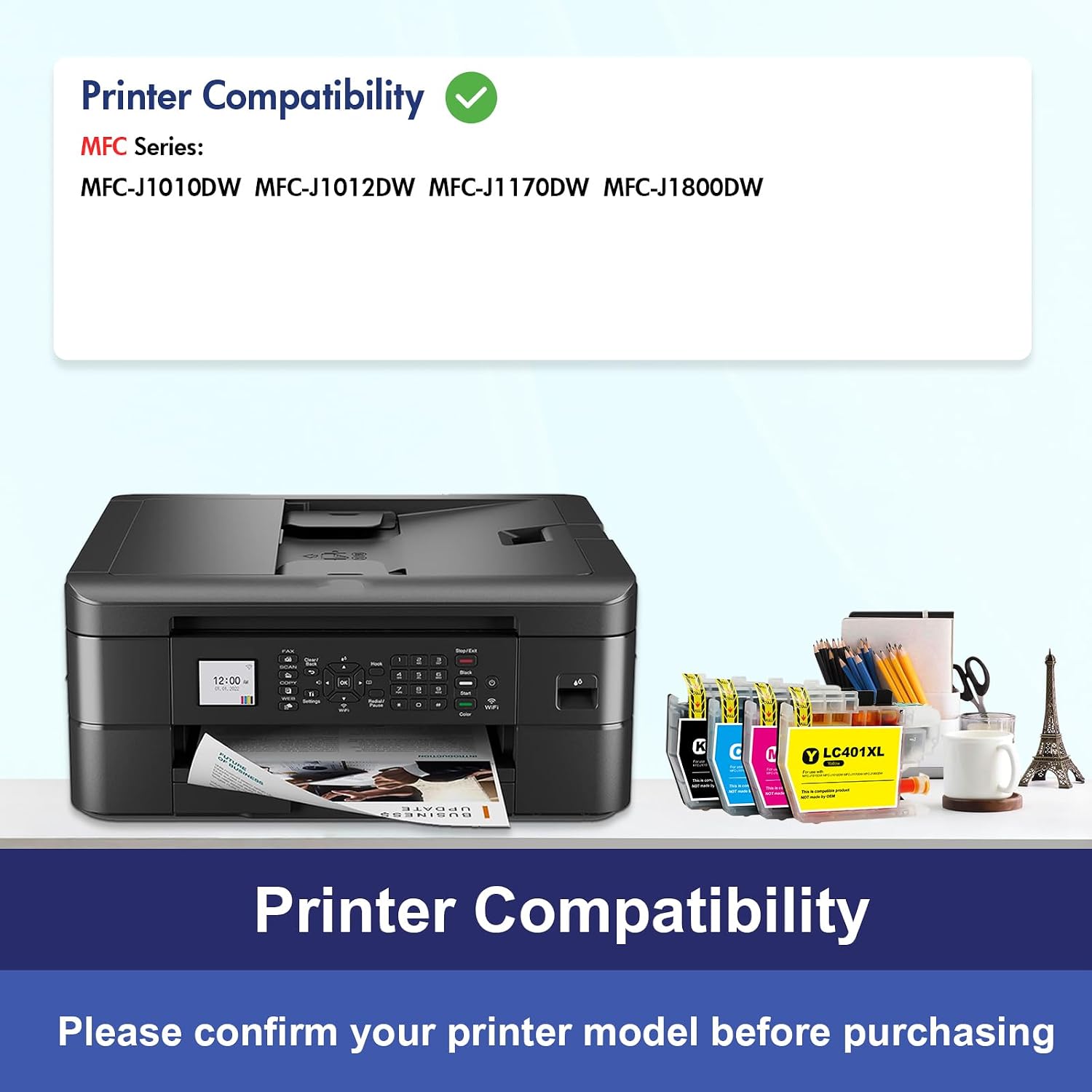 Cripy LC401XL LC401 Ink Cartridges MFC-J1010DW Compatible Replacement for Brother LC401 LC401-XL Work for MFC-J1010DW MFC-J1012DW MFC-J1170DW MFC-J1800DW (4 Pack,Black Cyan Yellow Magenta)