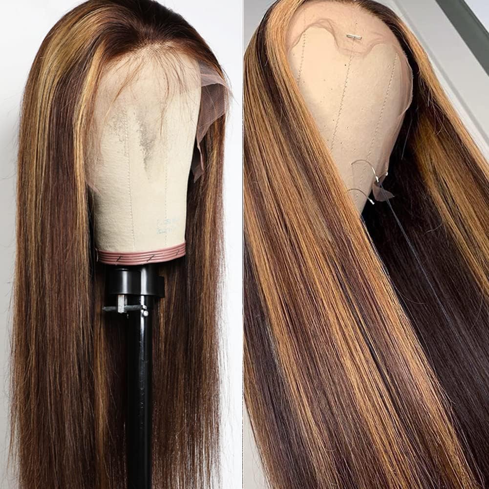 Highlight Ombre Lace Front Wig Human Hair Honey Blonde Brown Highlighted Wig 13X6x1 T Lace Middle Part Straight Wig 100% Virgin Human Hair for Black Women 150% Density Colored Human Hair Wig 24 Inch