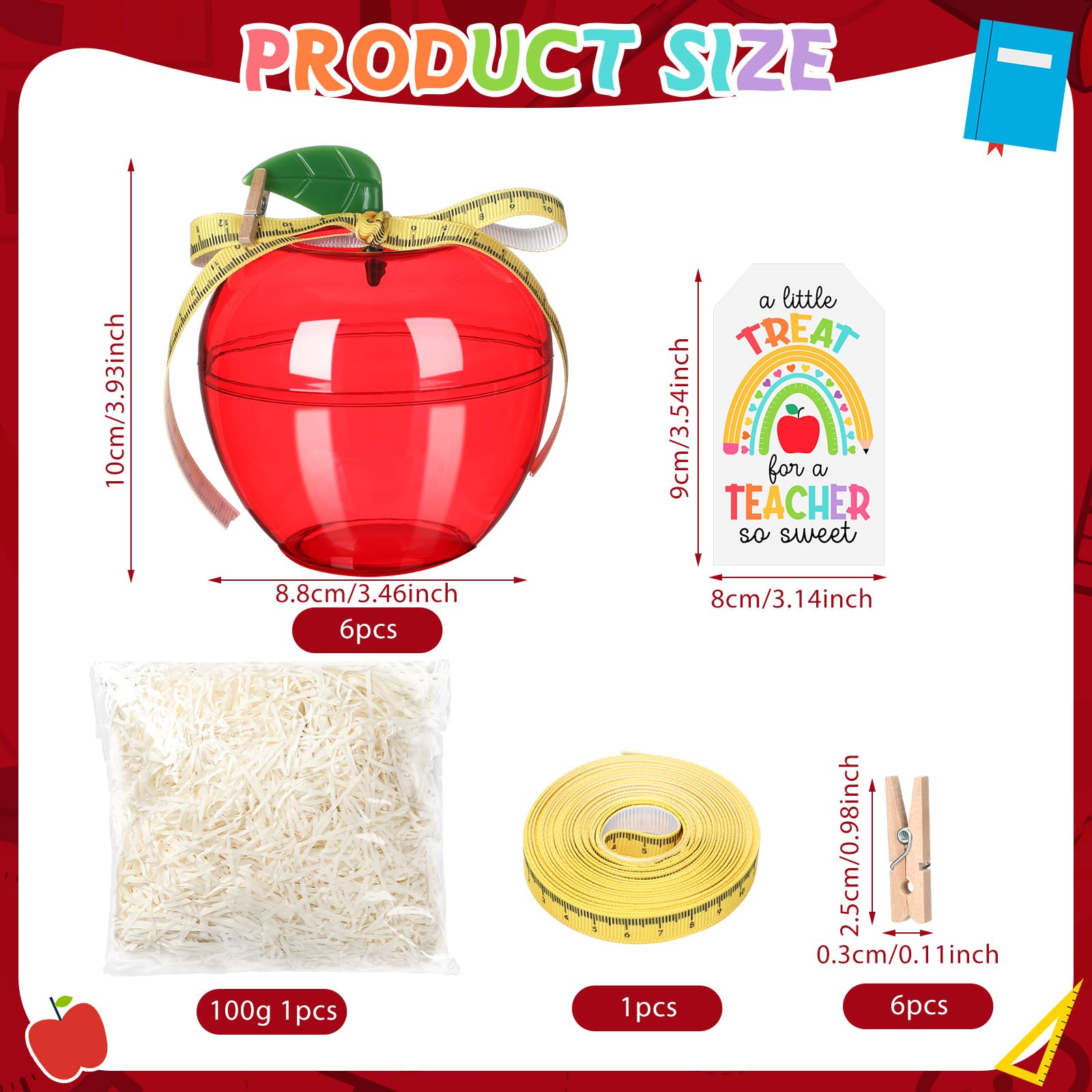 Mimorou 6 Sets Plastic Apple Containers for Teachers Red Apple Shaped Candy Jar Back to School Gifts with Thank You Cards Ruler Ribbon Raffia for Graduation Teacher Appreciation Gifts Decorations