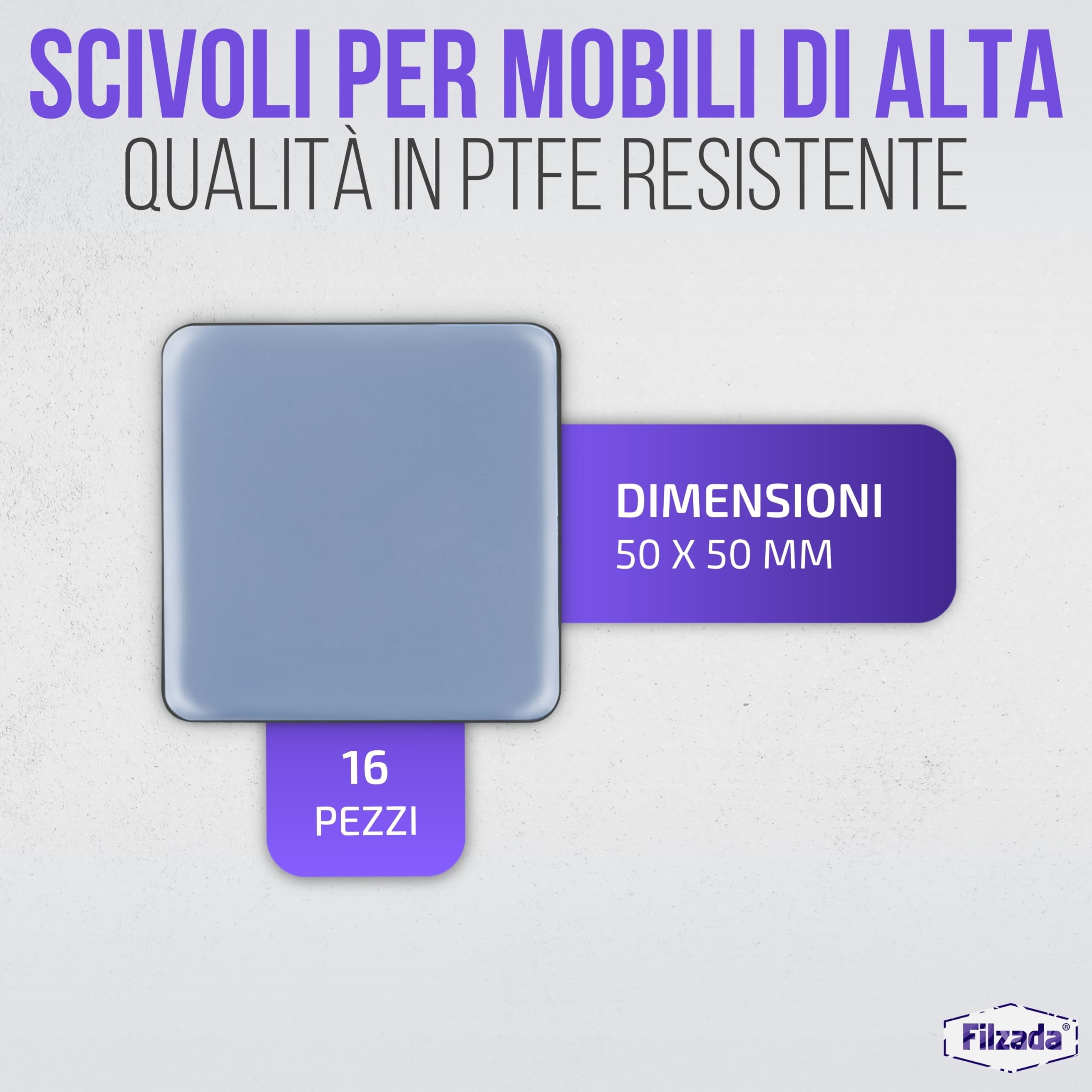 Filzada® 16x Piedini per mobili autoadesivo in Teflon - 50 x 50 mm (quadrato) - Scivoli per mobili professionali/scivoli per tappeti in PTFE (Teflon)