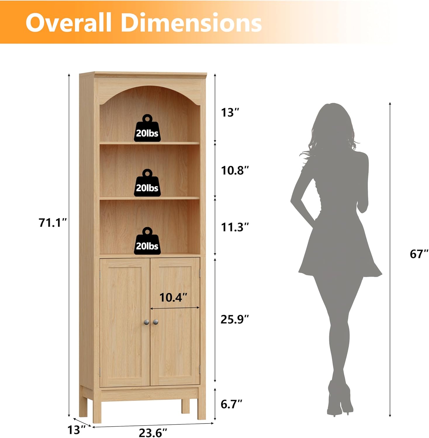 Bookshelf with Doors, 71" Tall Wood Book Shelf with Cabinet, 24" Wide Arched Bookcase with Adjustable Shelf, Floor Standing Display Storage Cabinet for Home Office, Study and Living Room, Natural Oak