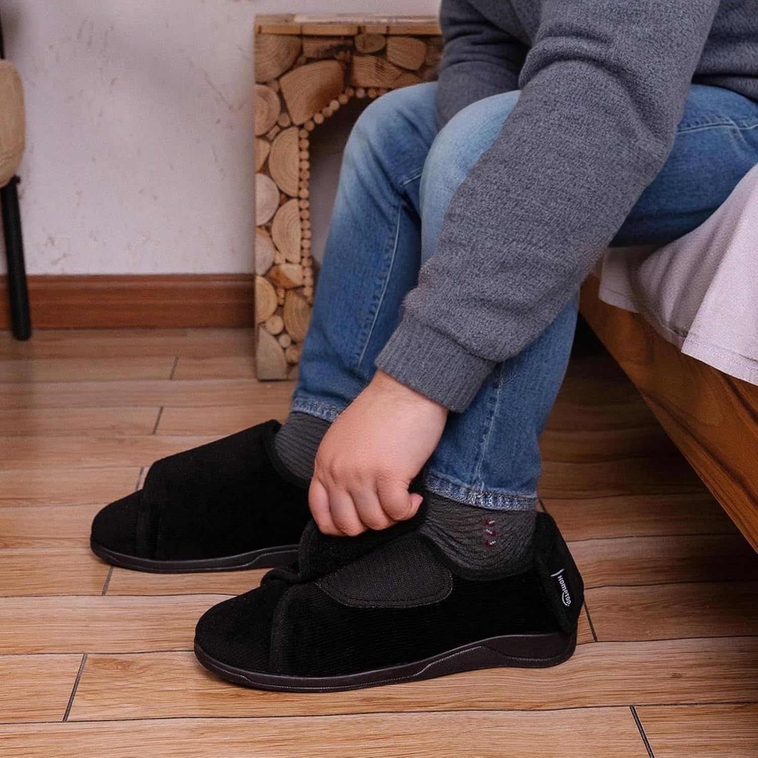 HomeTop Men's Corduroy Slippers Comfy Adjustable Hook and Loop Memory Foam Wide Indoor House Shoes for Diabetic Swollen Feet - Image 2
