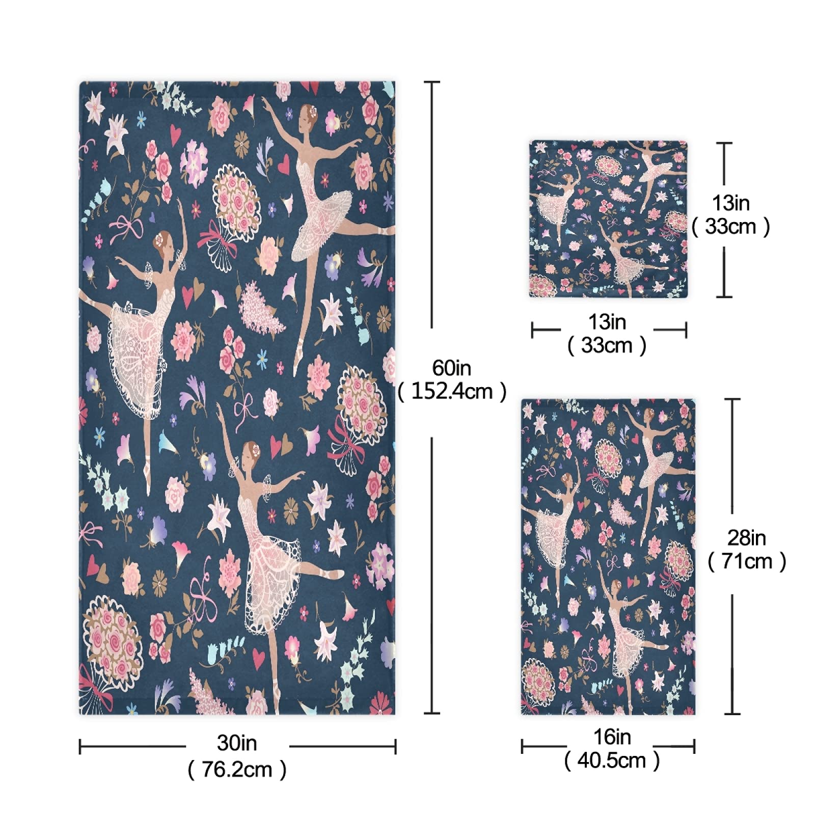 Mnsruu Juego de toallas de baño de 3 piezas con estampado floral de bailarina para baño, spa, hotel, 1 toalla de baño+1 toalla de mano+1 paño