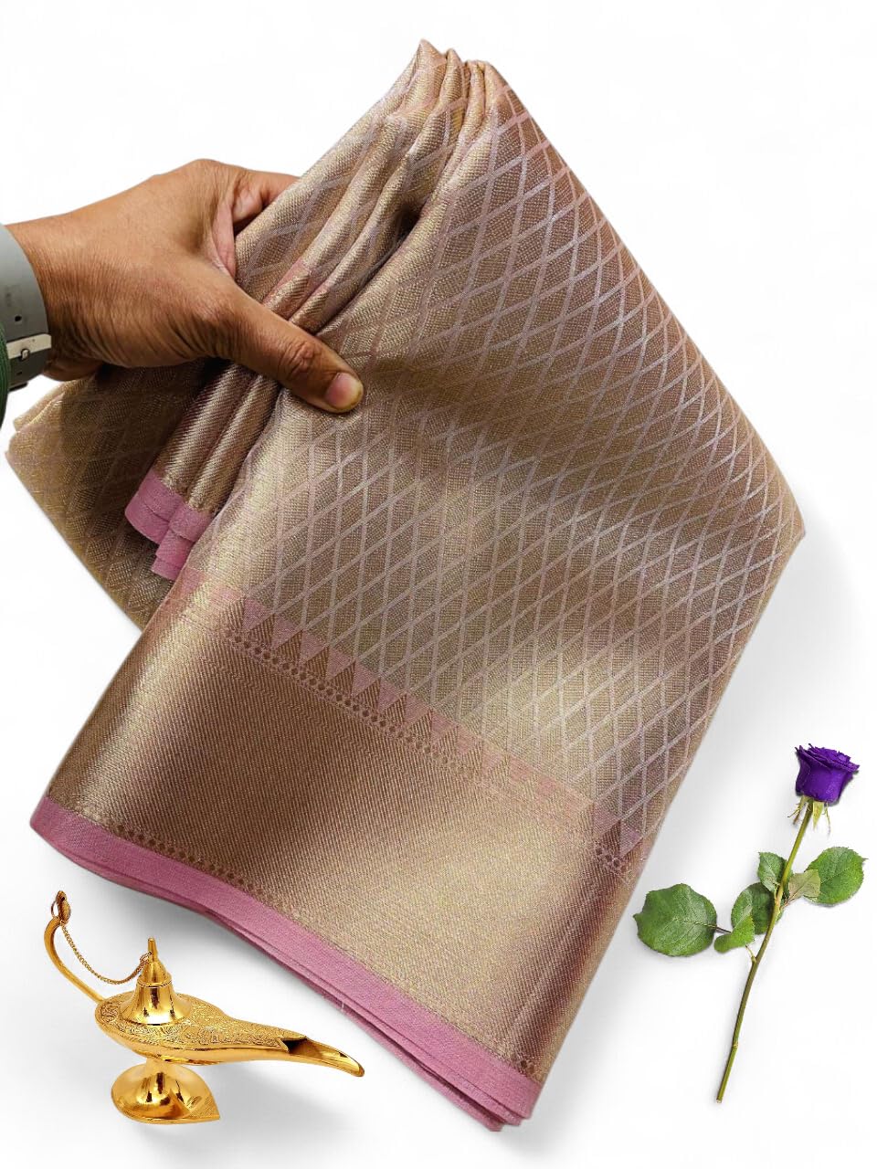 Banarasi Tissue Silk Saree, Baby Pink with Contrast Zari Border and Checkered Zari Weaves-picture-21