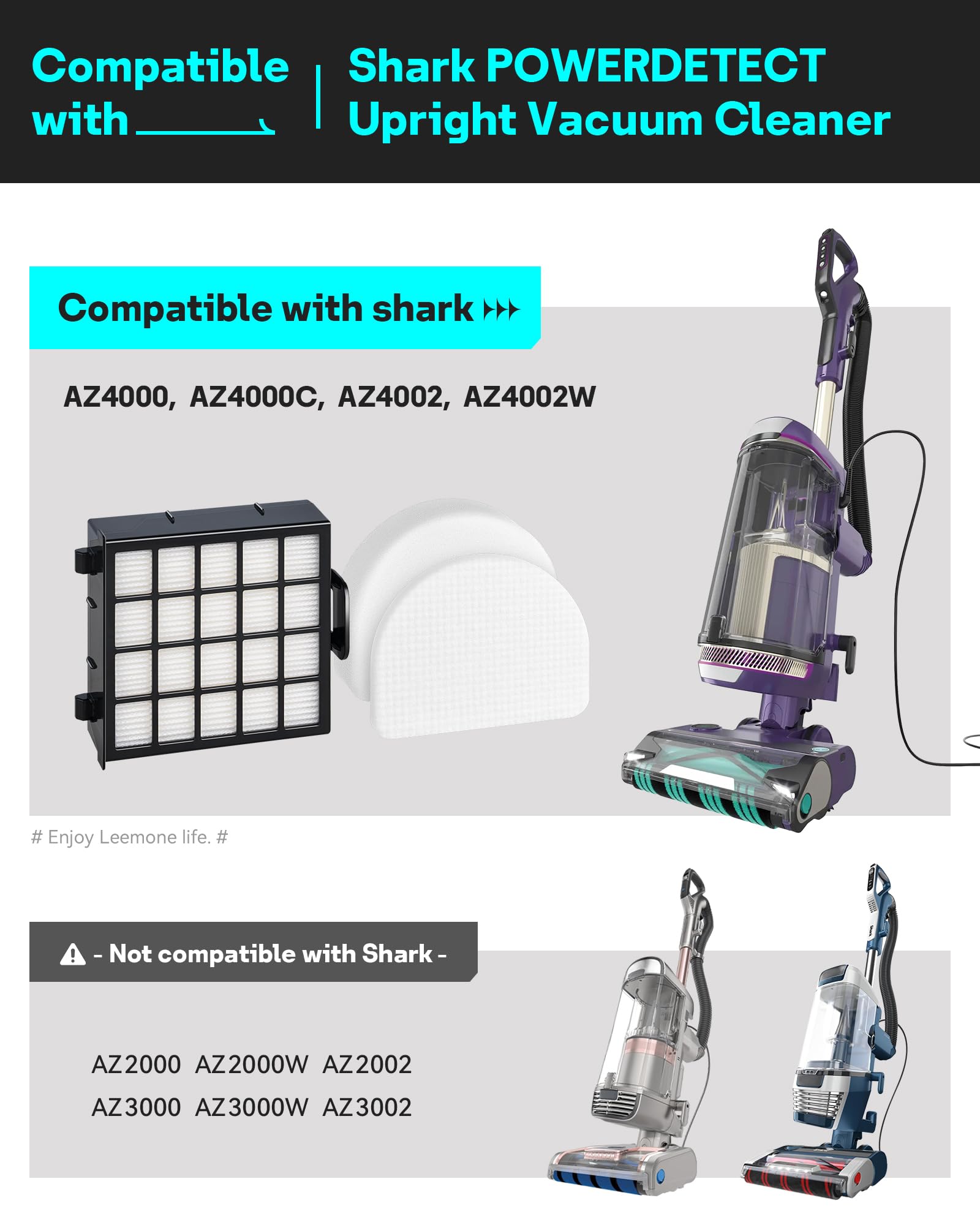 Leemone AZ4002 Replacement Accessories for Shark AZ4000 AZ4000C AZ4002 AZ4002W POWERDETECT Upright Vacuum Cleaner, 2 HEPA Filters, 4 Foam & Felt Filters
