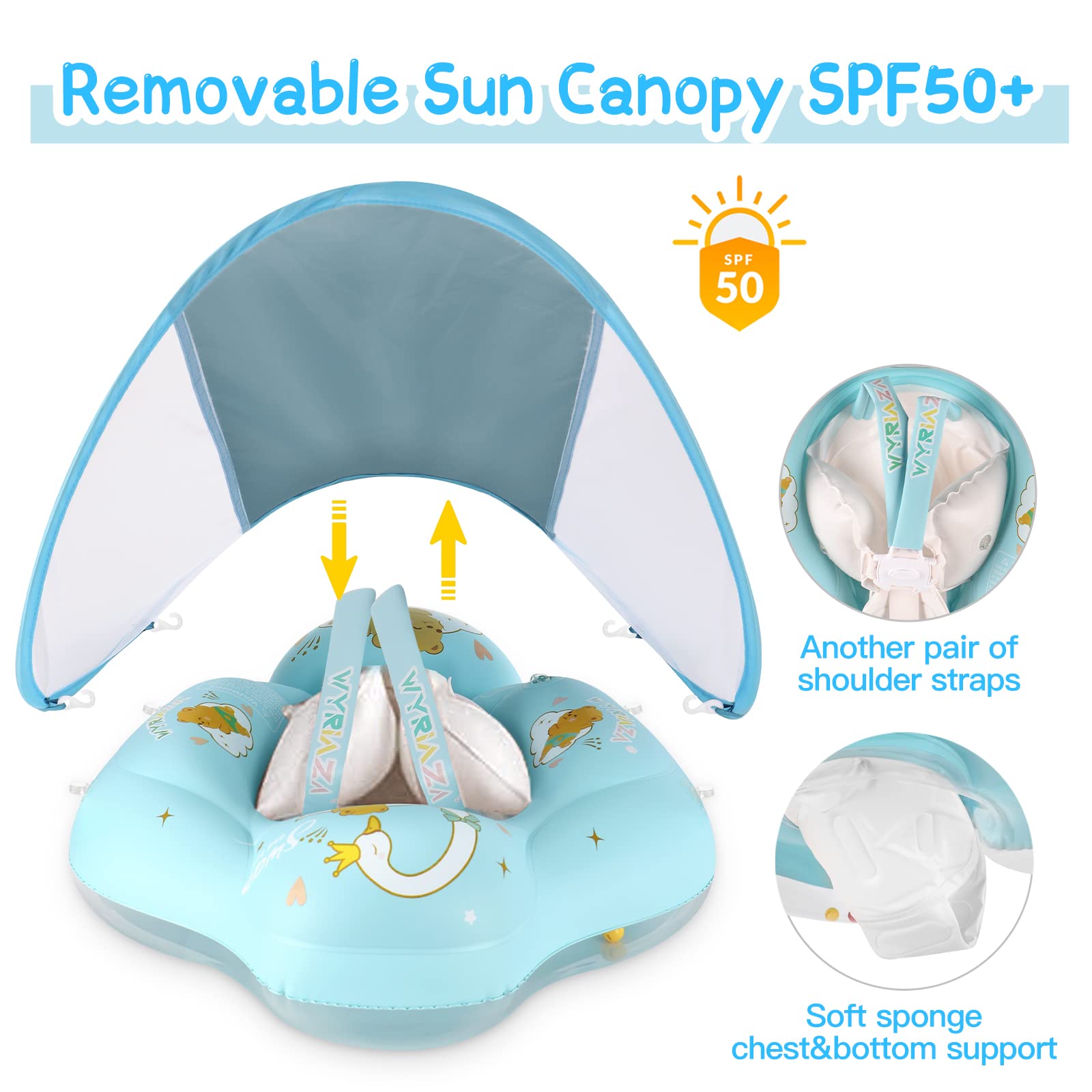 WYRIAZA Salvagente Neonato con Parasole SPF 50+ | Ciambella Neonato Mare Aggiornato con Sfera di Equilibrio per Evitare Il Ribaltamento | Salvagente Neonato 5-16Kgs