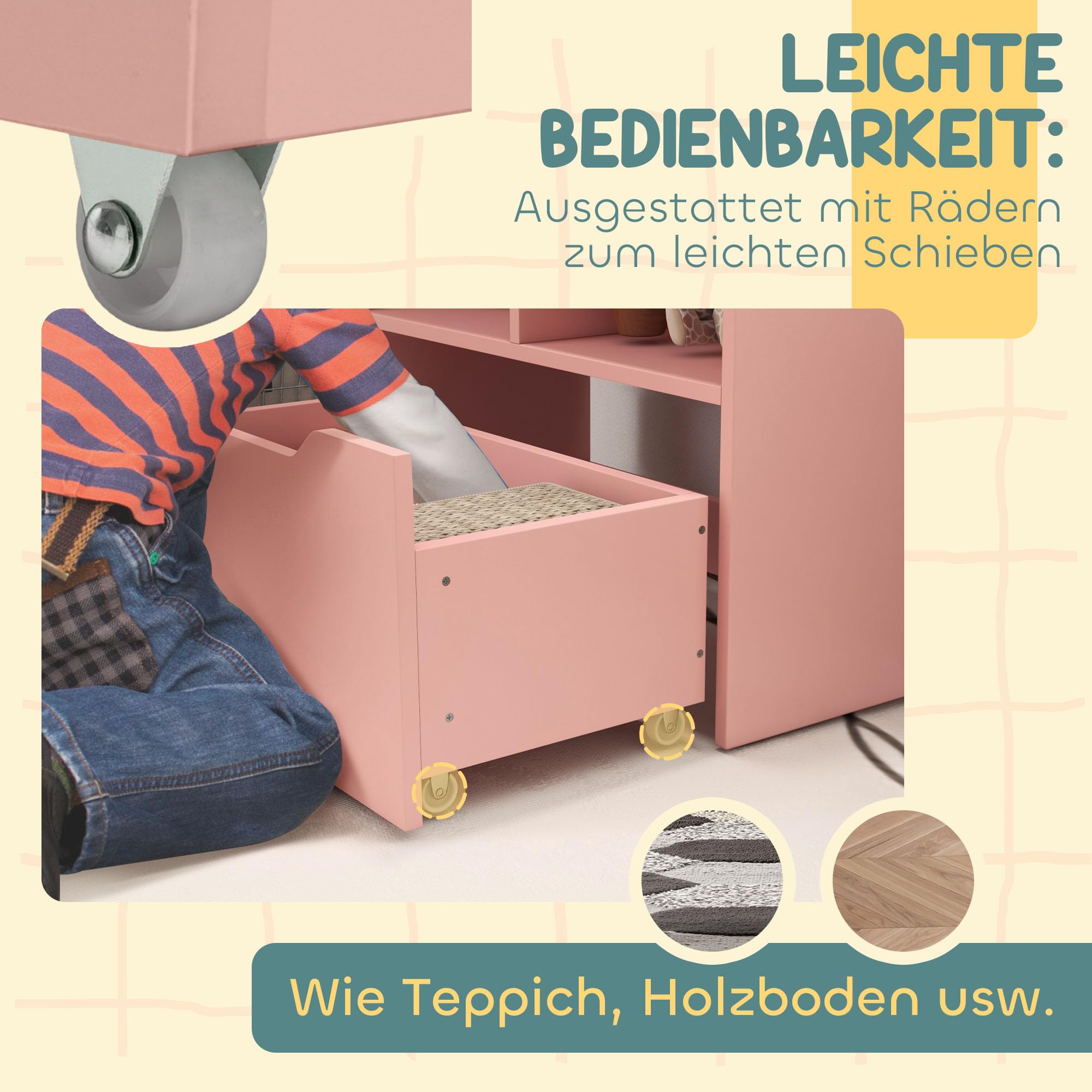 HOMCOM Kinder Bücherregal Kinderregal mit Schublade, 3 Ablagefächern und 2 offenen Fächern, Aufbewahrungsregal für Kinderzimmer, Spielzimmer, Rosa, 60 x 29,9 x 90 cm
