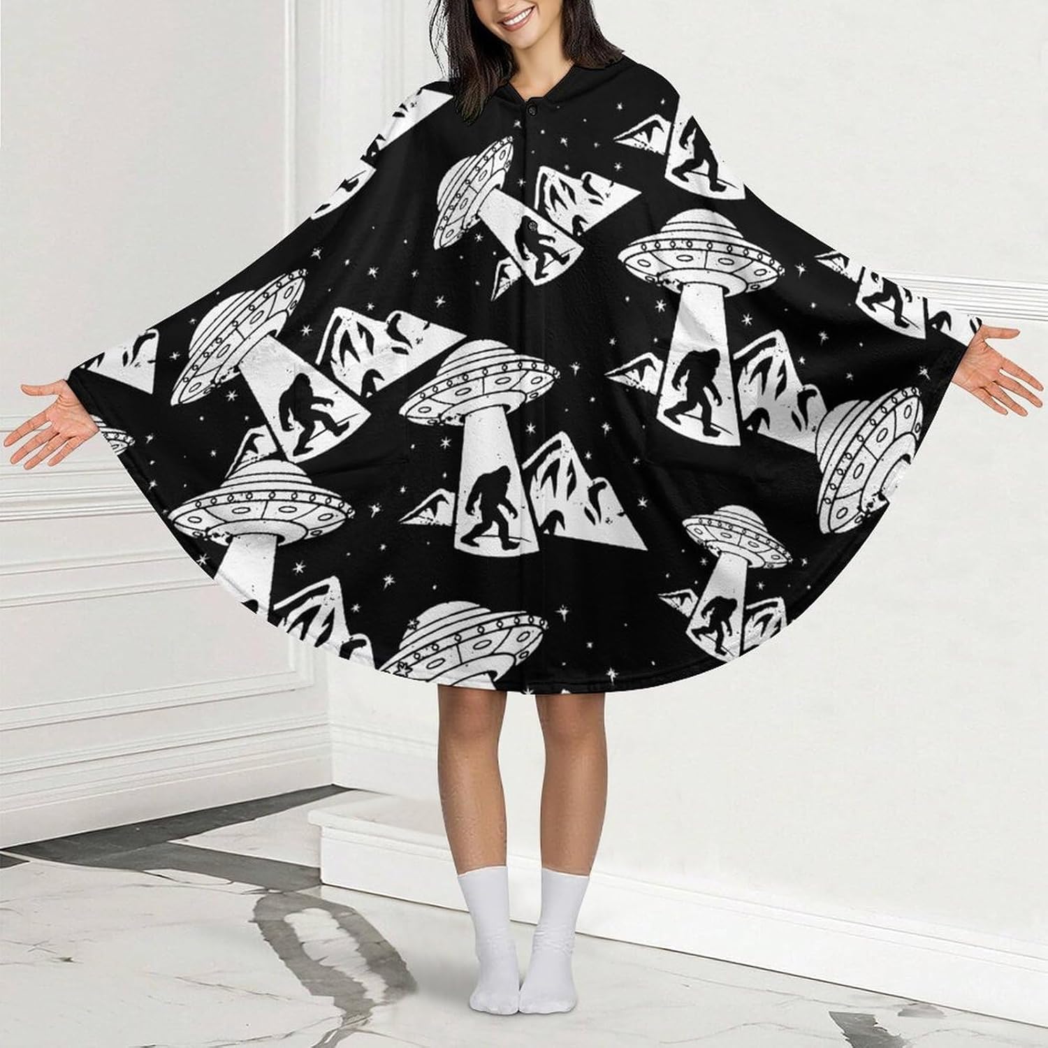 Bigfoot Spaceship Aliens Wearable Blanket with Hooded Flannel Blankets Cape with Pocket