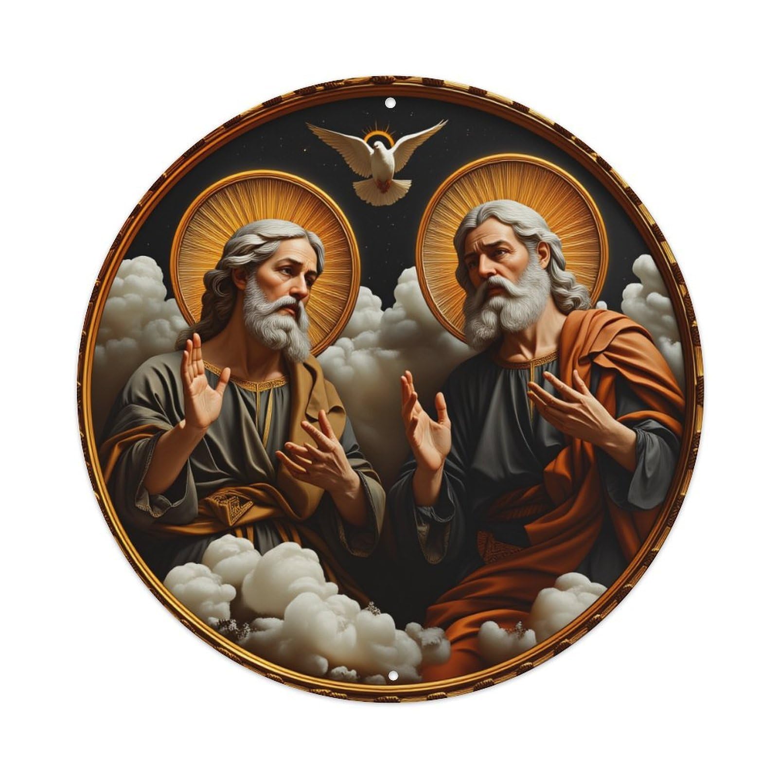 Wmlzdnwr Vintage Divine Figures With Halos And Dove Above Clouds Round Tin Sign,Retro Wall Art,Metal Poster For Home, Bar, Garage, Cafe, Rustic Indoor & Outdoor Decor, 8X8 Inches