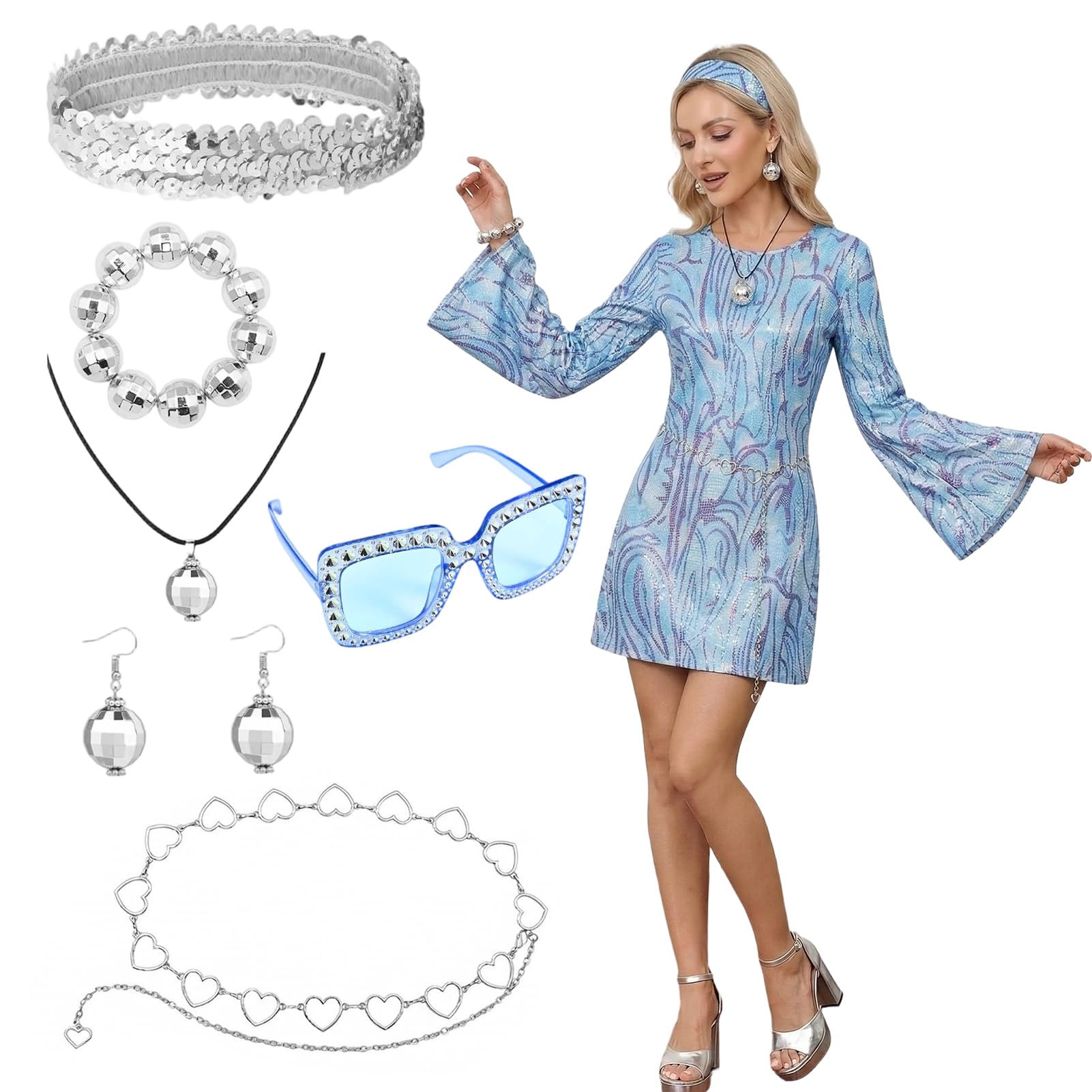 Raveparty 70s Disco Dress Set with Headband Earrings Glasses Bracelet Necklace Waist Chain, 70s Fancy Dress Women for Retro Hippie Disco Party (Blue, S)