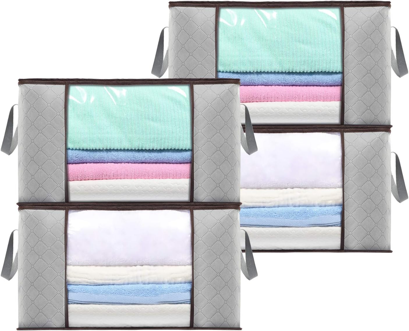 [Reinforced] HOUSE AGAIN 4 Packs Large 90L Foldable Strong Cloth Thick Fabric Storage Bag, Clothes Organizer with Sturdy Zipper, Clear Window for Bedroom, Closet, Dorm, Under Bed, Grey