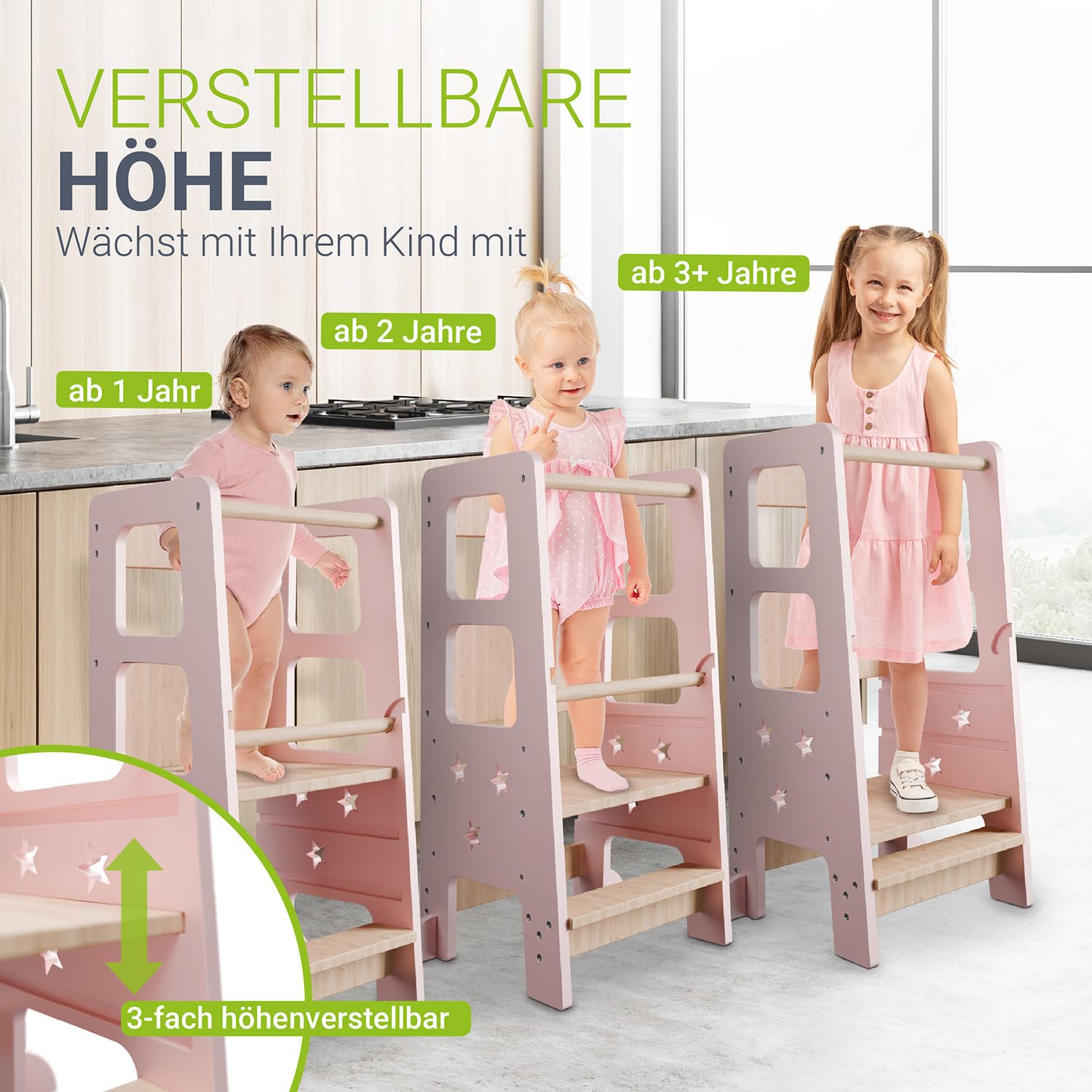 Weco Montessori Kinder leertoren 3 in 1 Streepjesontwerp met glijbaan en treeplank FSC-certificaat bureau Montessori-meubels keukenhulp opvouwbaar Stijlvol leertoren (Zwart
