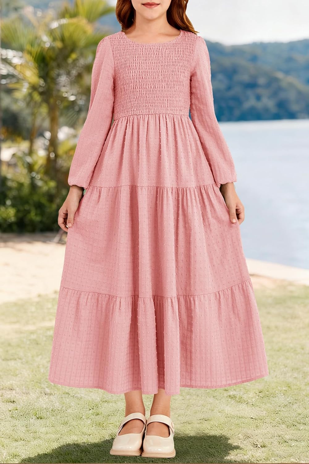 HOSIKA Tween Girls Fall Puff Long Sleeve Smocked Swiss Dot Tiered A-line Flowy Maxi Dress with Pockets 6-12 Years - Image 4