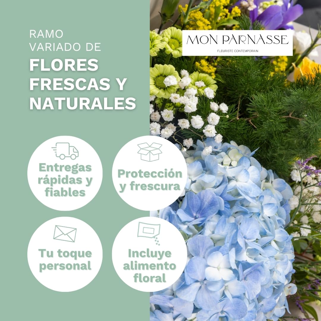Mon Parnasse - Ramo de Flores Naturales con Dedicatoria, Incluye Tarjeta Personalizada, Set Alimento Floral, Envoltorio Elegante, Regalo, Decoración, Frescura y Aroma - Radiante