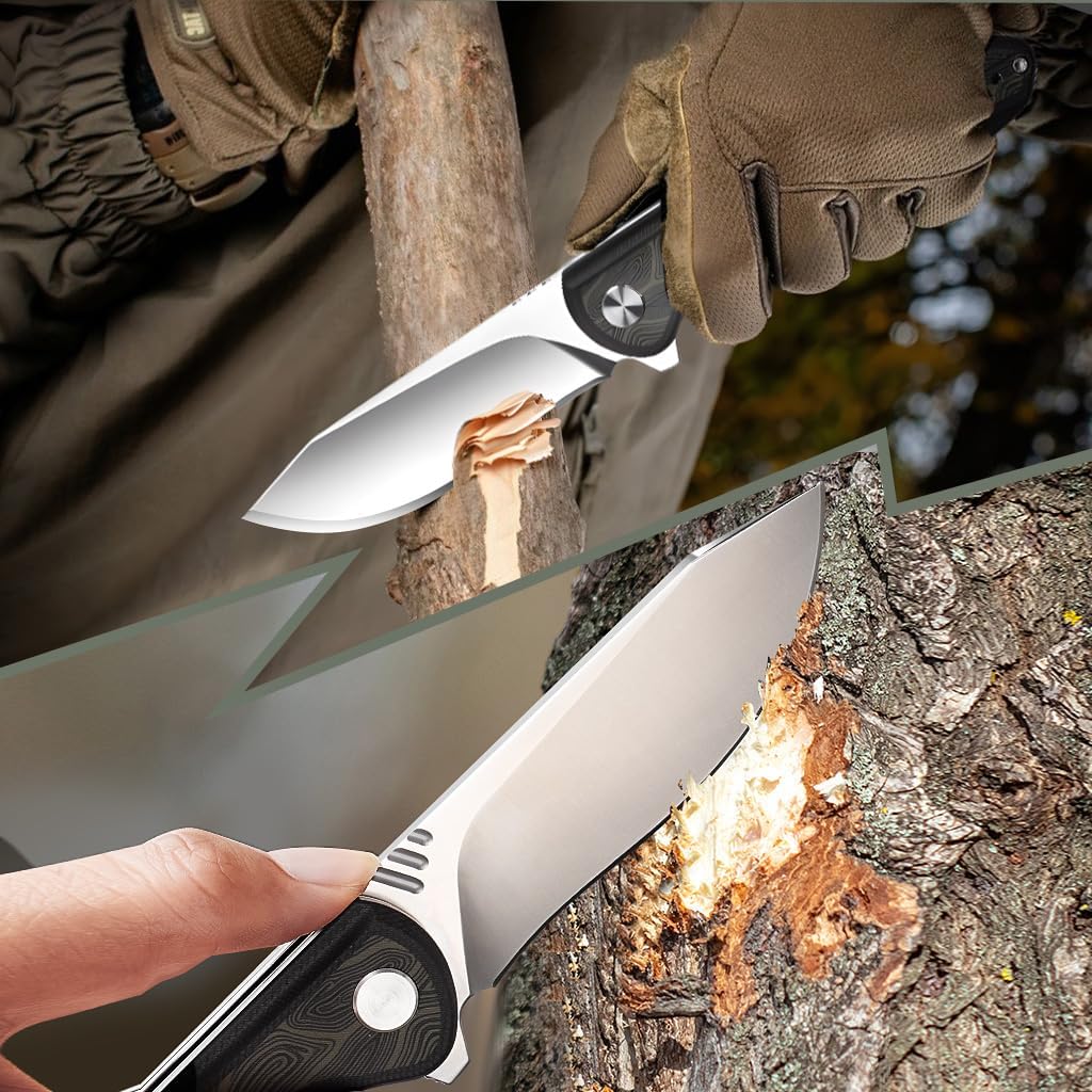 ioko Folding knife D2 blade material, G10 two-color handle, suitable for men and women outdoor camping carrying knife, sharp and durable blade, with pocket clip (argent)