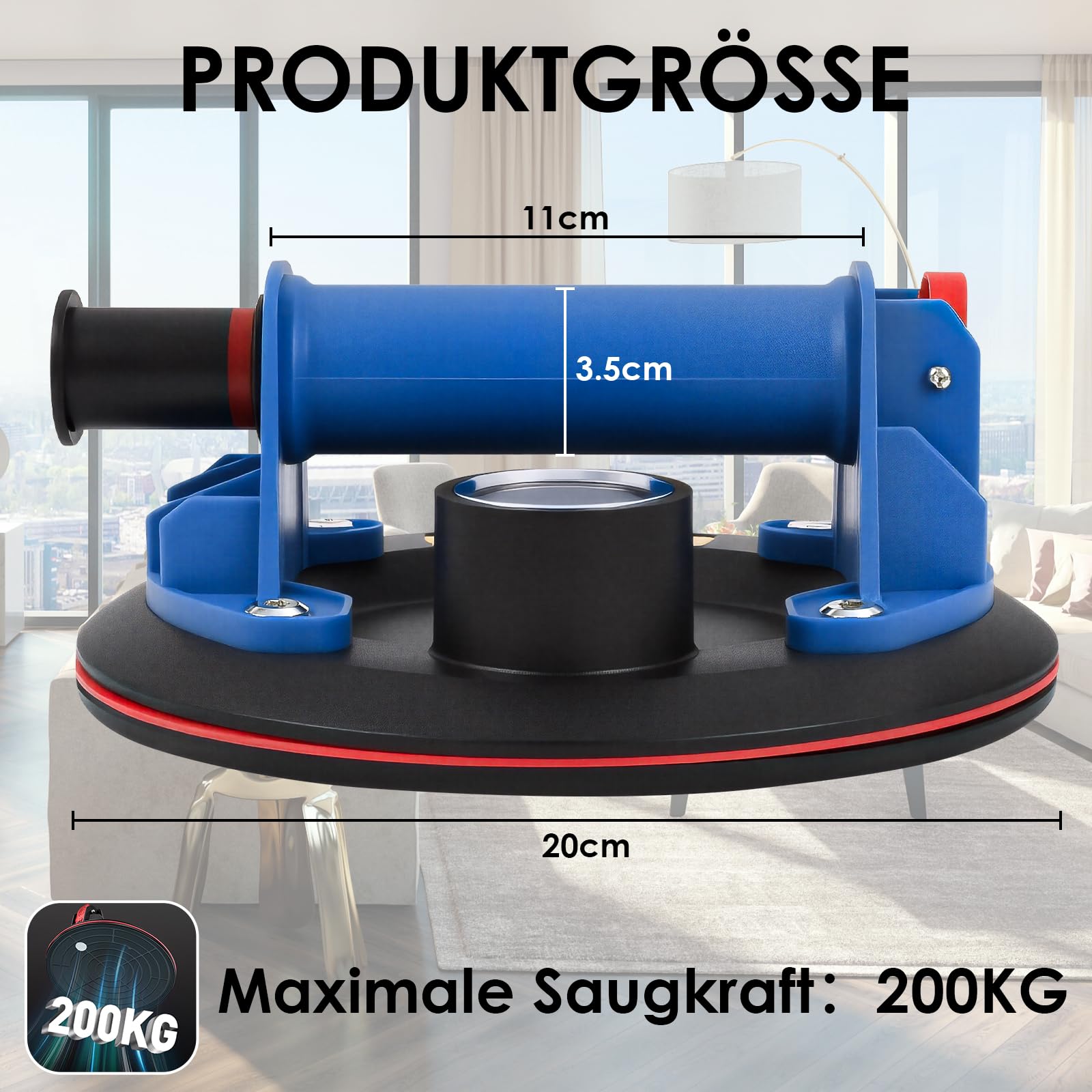 2er-Set 8" Saugheber mit Manometer, Glassauger Tragkraft Max. 200KG, Vakuum Fliesenheber mit Tragbarer Werkzeugkasten, für Glas, Fliesen, Marmor, Blau