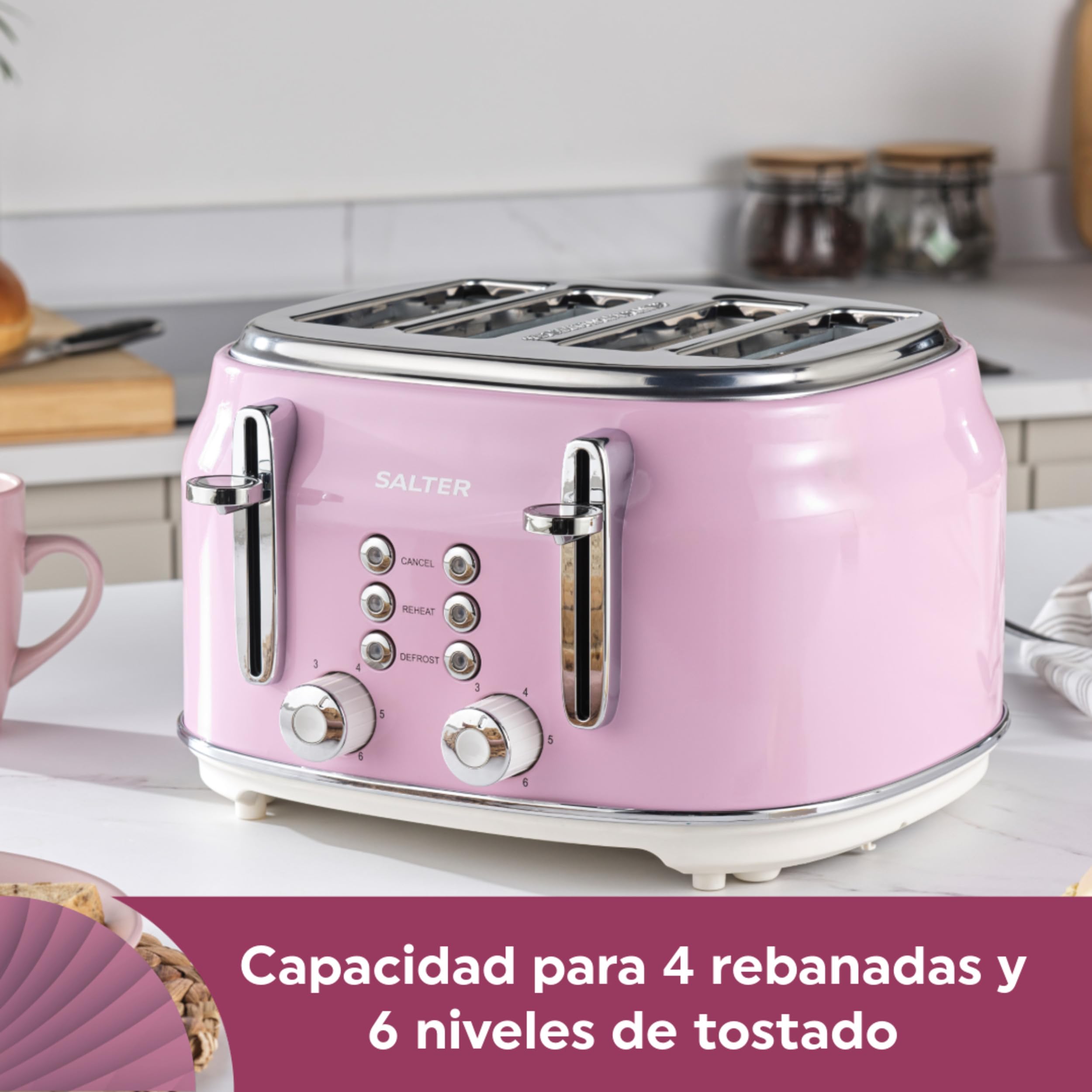 Salter Retro tostadora 4 rebanadas – ranuras anchas, 6 niveles, descongelar, recalentar y cancelar, bandeja recogemigas, expulsión elevada, centrado automático, 1630 W, rosa, EK5739PNKVDE