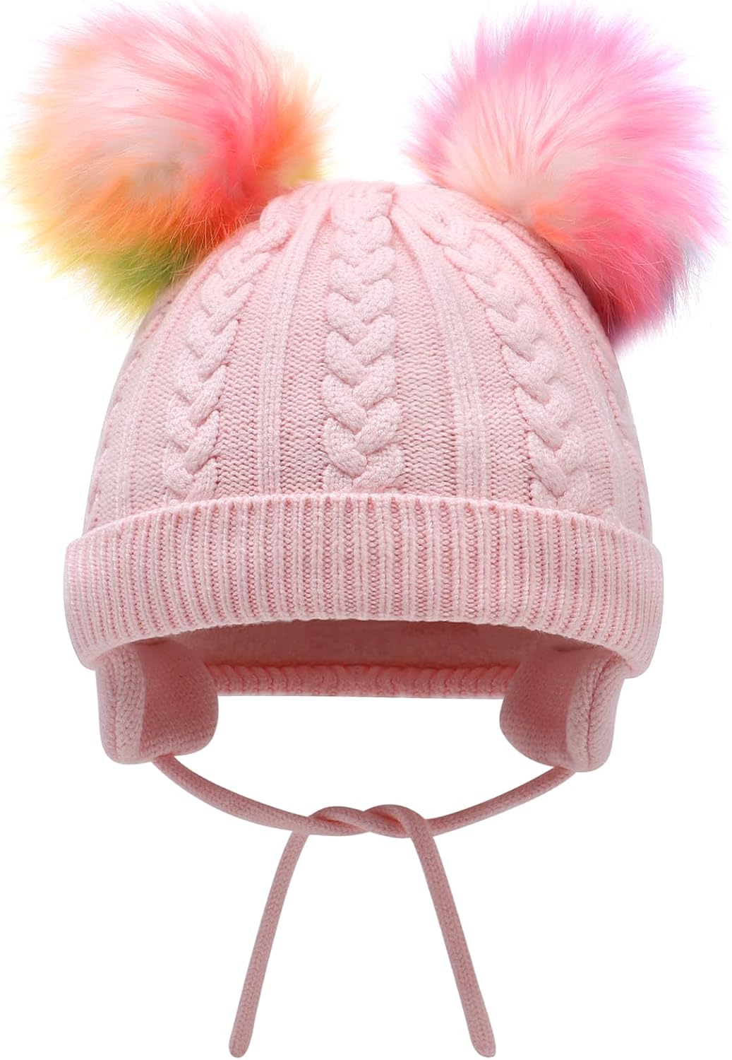 Duoyeree Toddler Winter Hat, Earflap Double Pom Pom Knit Beanie 0-36M