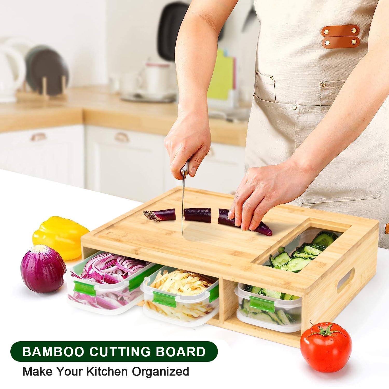 Tabla de cortar de bambú con recipientes, juego de tabla de cortar extragrande con 3 recipientes apilables, 4 ralladores, tapa de bloqueo, ranura para jugo, estación de preparación de comidas