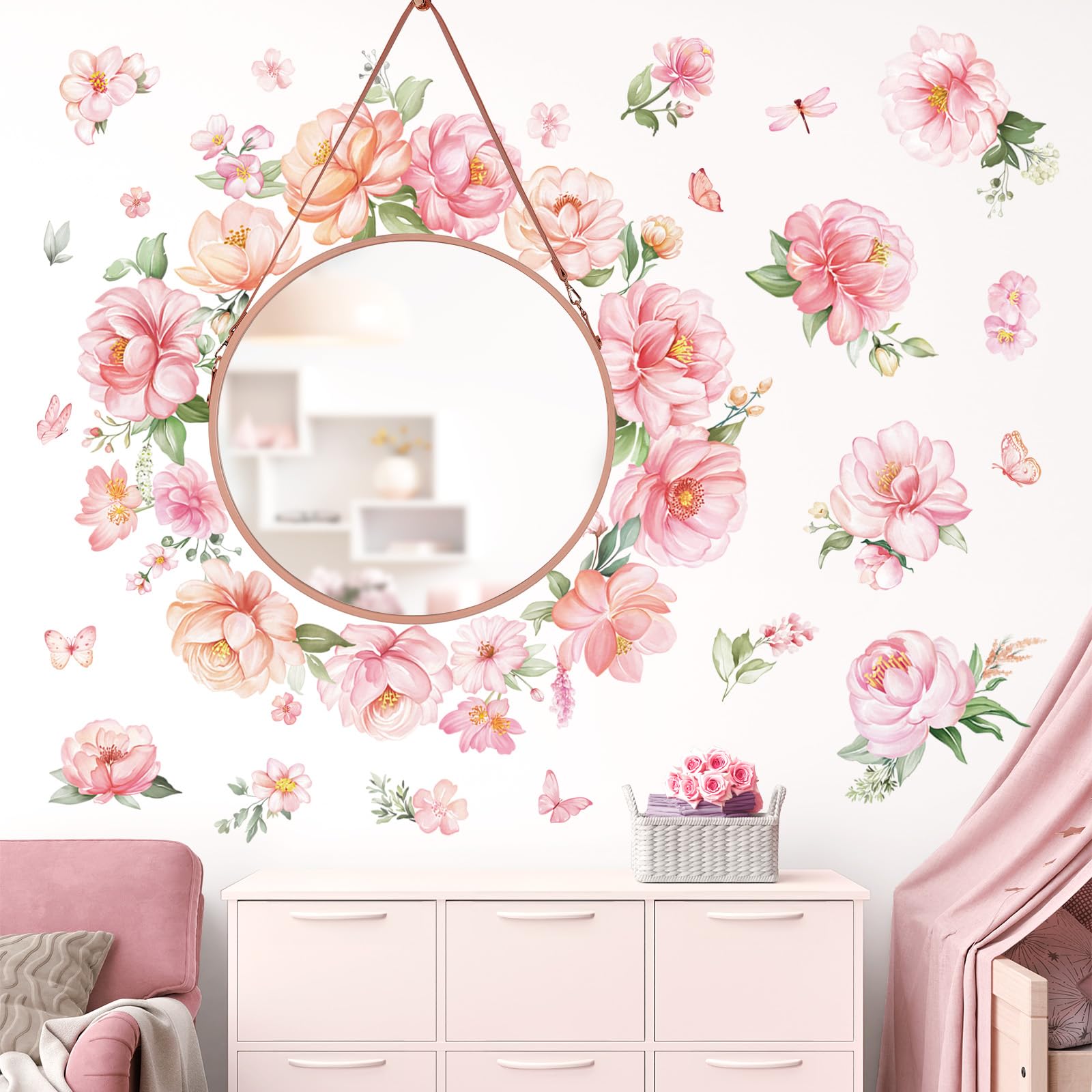 decalmile Pink Peony Flower Wall Stickers Watercolor Floral Wall Decals Baby Nursery Girls Bedroom Living Room Wall Decor - Image 2