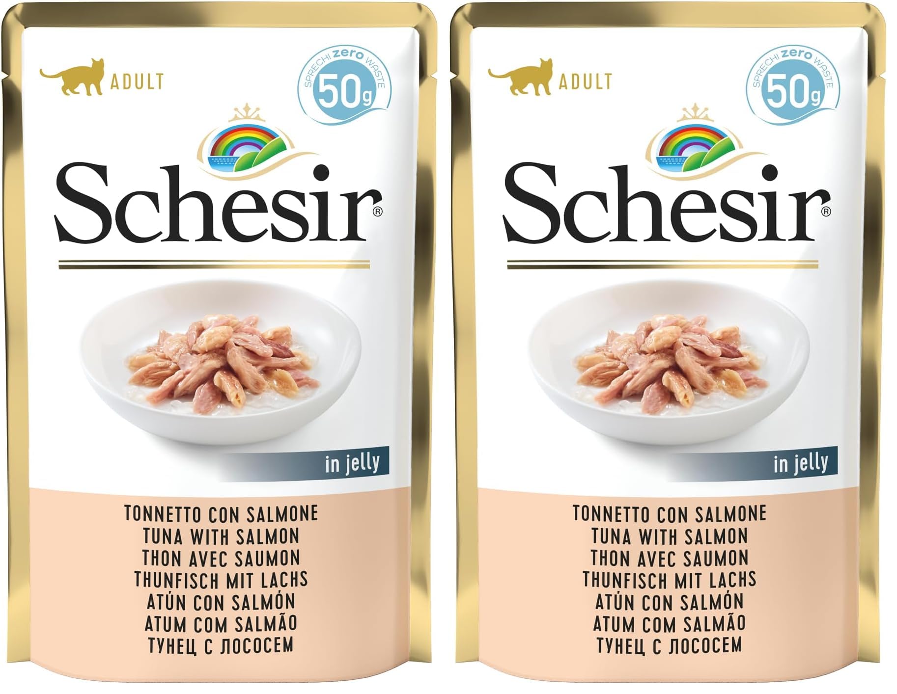 Schesir, Feuchtnahrung für Erwachsene Katzen mit Thunfisch und Lachs in weichem Gelee - (30 Beutel à 50 g) (Packung mit 2)