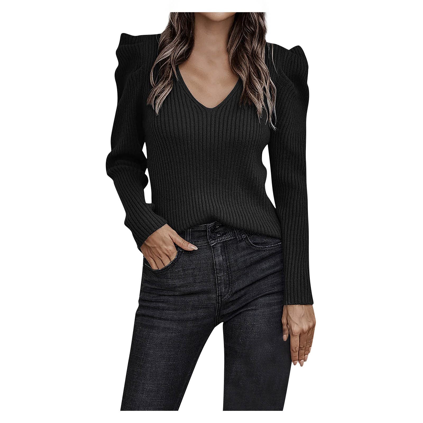 GenericWomens Sweaters Long Sleeve Solid Color V-Neck Puff Sleeves Sweater Pullover Top Slim Sweatshirt Winter Streetwear