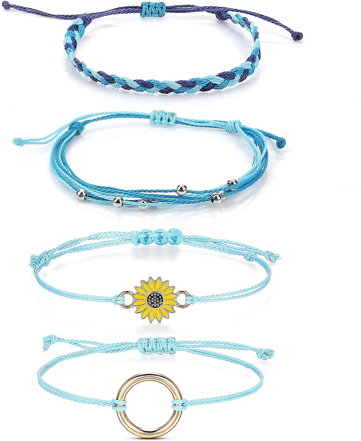 ASTER 4 pulseras tobilleras de verano para mujer, pulseras de cuerda trenzada de hilo ajustable, pulseras de amistad con girasol, joyería de playa