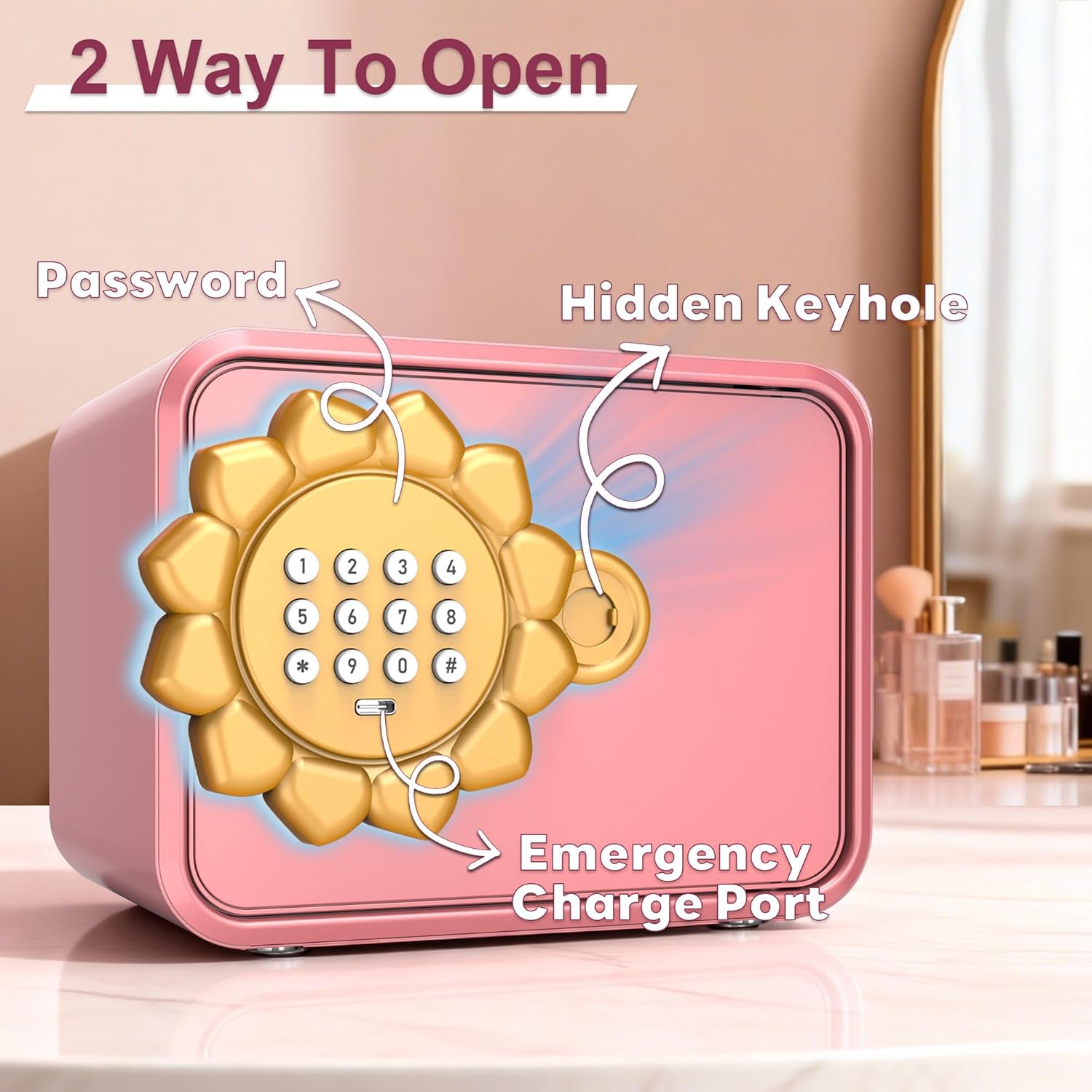 Pink Sunflower Mini Steel Safe with Auto Door & Coin Slot, Small Safe Box for Cash, Jewelry, Personal, Cosmetics & Goal Savings, for Kids, Teens & Renters, Home, Office, Hotel Use