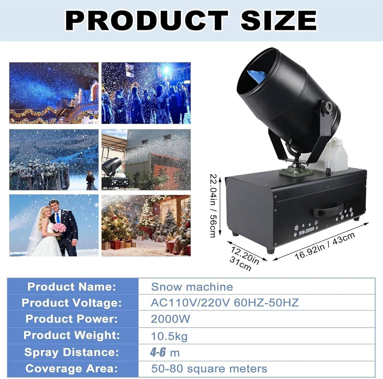 High-Output Artificial Snow Maker Machine Snowflake Machine for Outdoor & Indoor, 2000W Quiet Snow Machines with Wide Oscillation, Perfect for Christmas Decor and Party Snows Effects