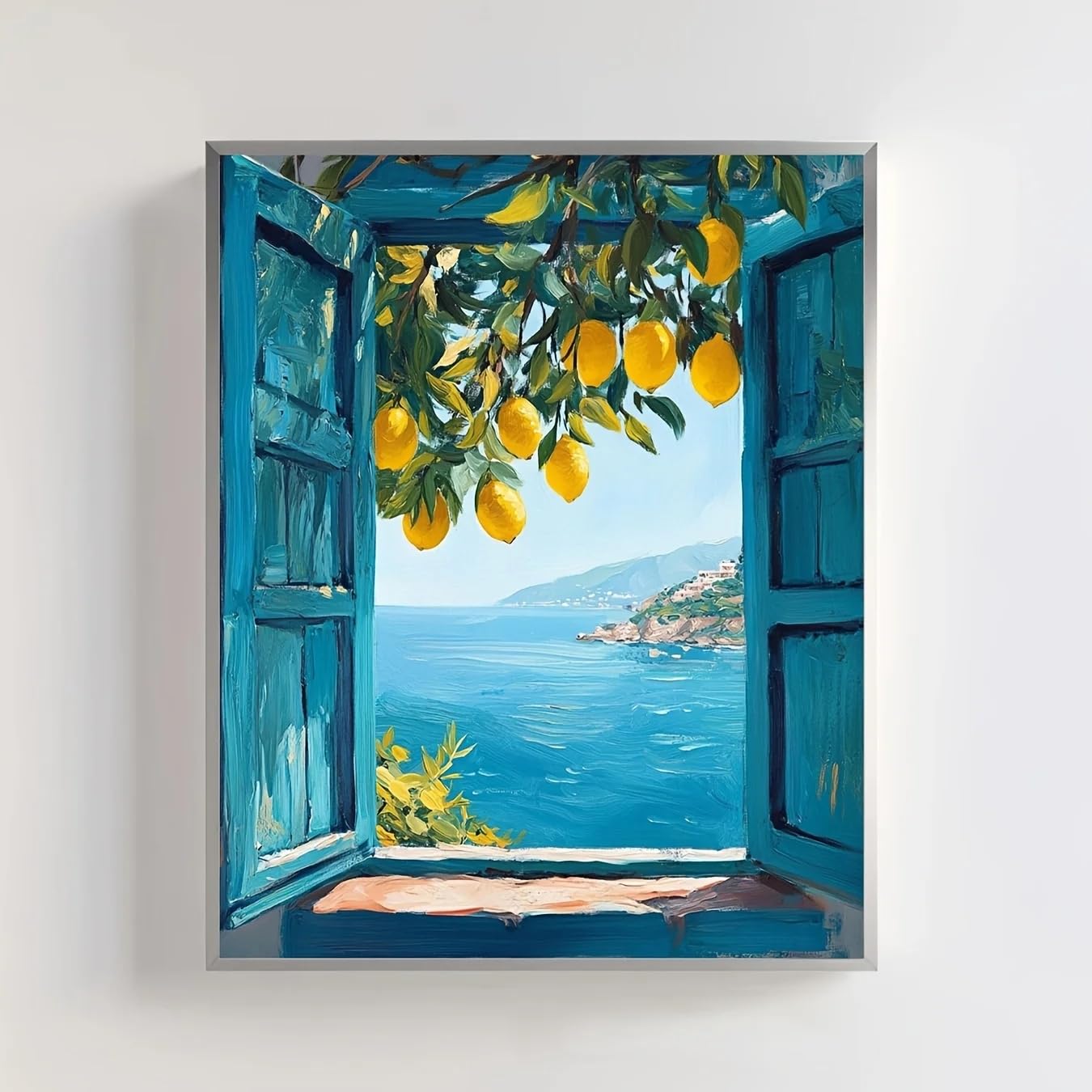 Gosrd Frameless Coastal Lemon Tree Wall Art Poster Seaside Landscape Painting With Open Window, Canvas Prints Vintage(60X85cm)
