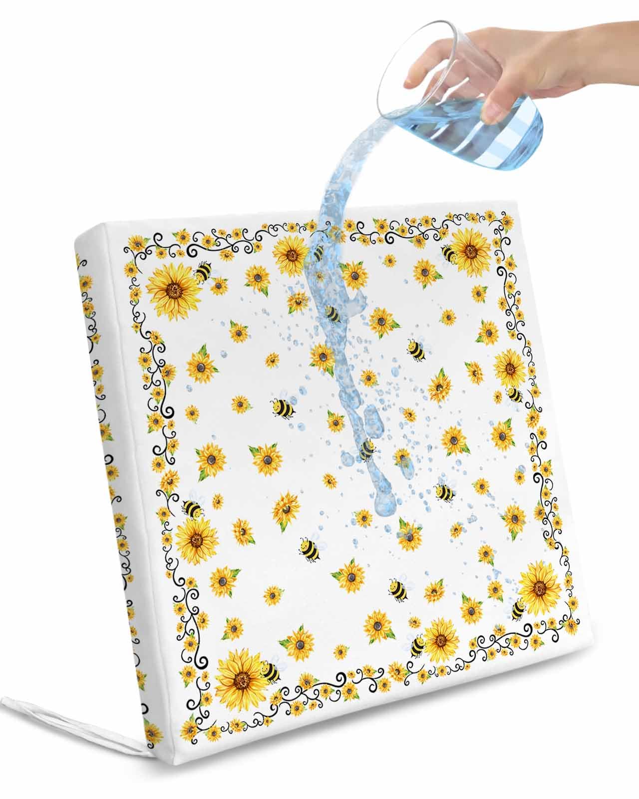 Homechoid Sunflower White Indoor Outdoor Couch Cushion Covers Replacement 2 Pack, Summer Bee Spring Floral Watercolor Waterproof Chair Sofa Seat Cover with Ties 22x20x4