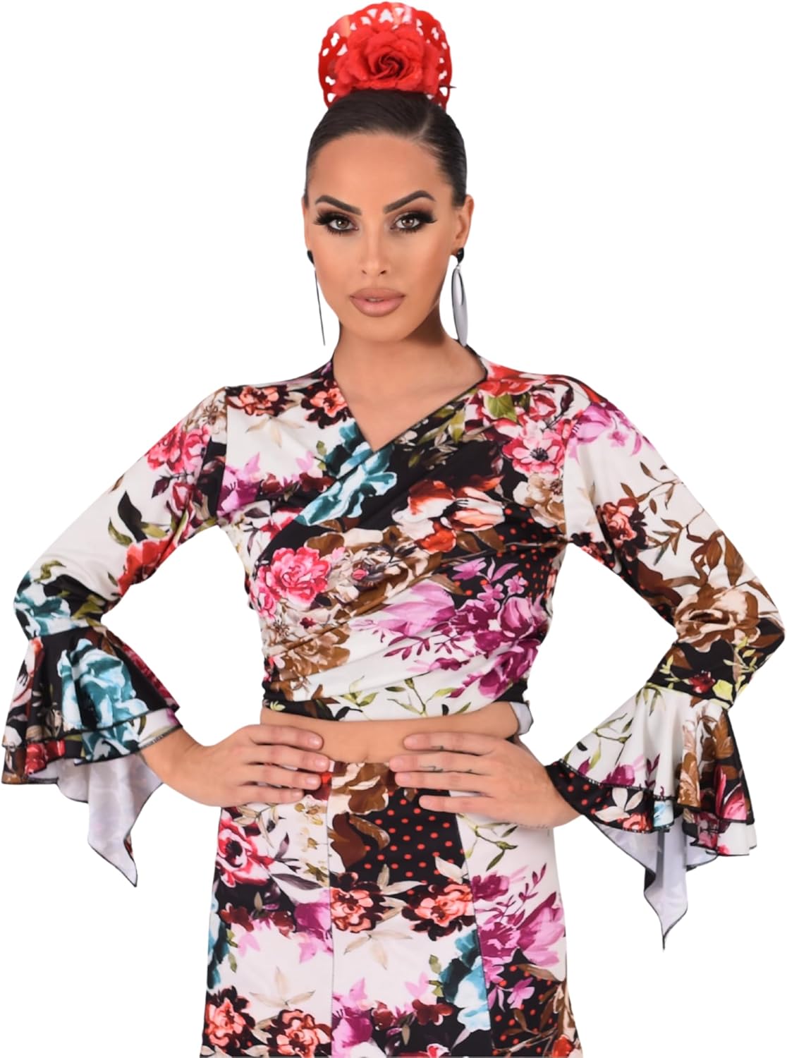 Top-Bolero de Tejido elstico, Cruzado y de Mangas con Volante, Ideal para la Danza Flamenca o Sevillanas