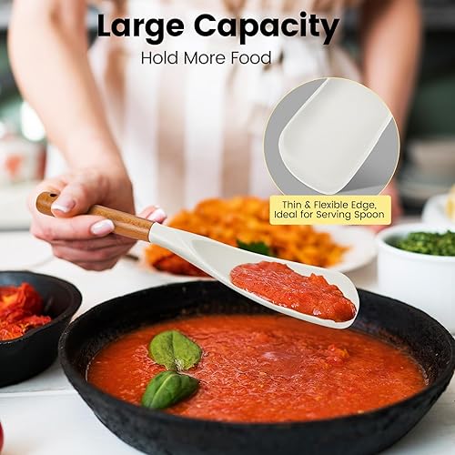 Miniatura 2 de Juego de cucharas de cocina de silicona grandes, 2 cucharas de servir resistentes al calor, utensilios de cocina antiadherentes con mango de madera,