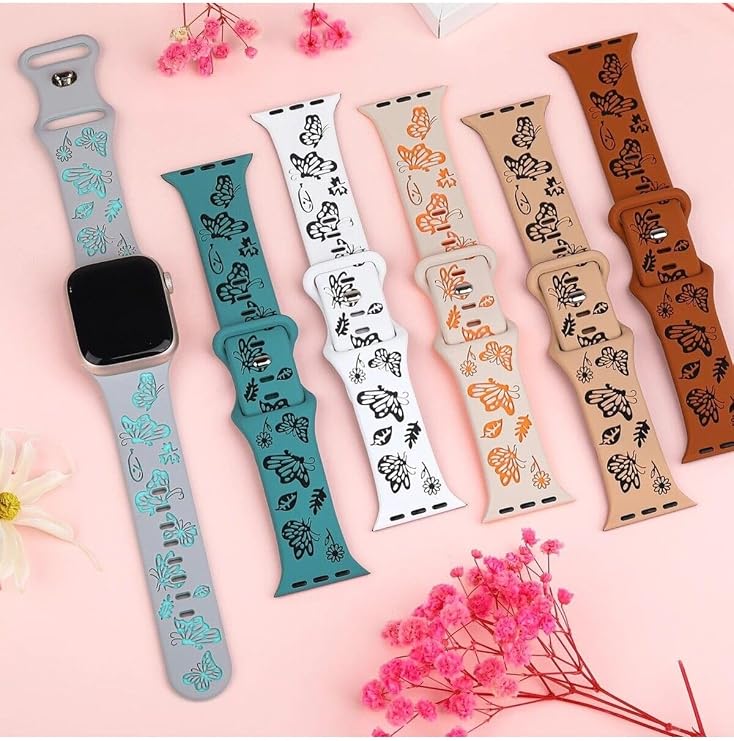 bbtech Apple Watch 38 40 41 mm Series 10 42mm 9 8 7 SE 6 5 4 3 Uyumlu Kelebek Desen Yumuşak Silikon Kordon;Bej