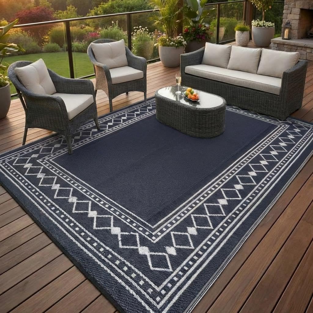 Outdoor Rug 8x10 Waterproof Patio Rugs Modern Bordered Reversible Mat for Front Door Rv Foldable Plastic Straw Carpet for Travel Trailers, Deck, Picnic, Porch, Camper, Balcony, Beach, Navy