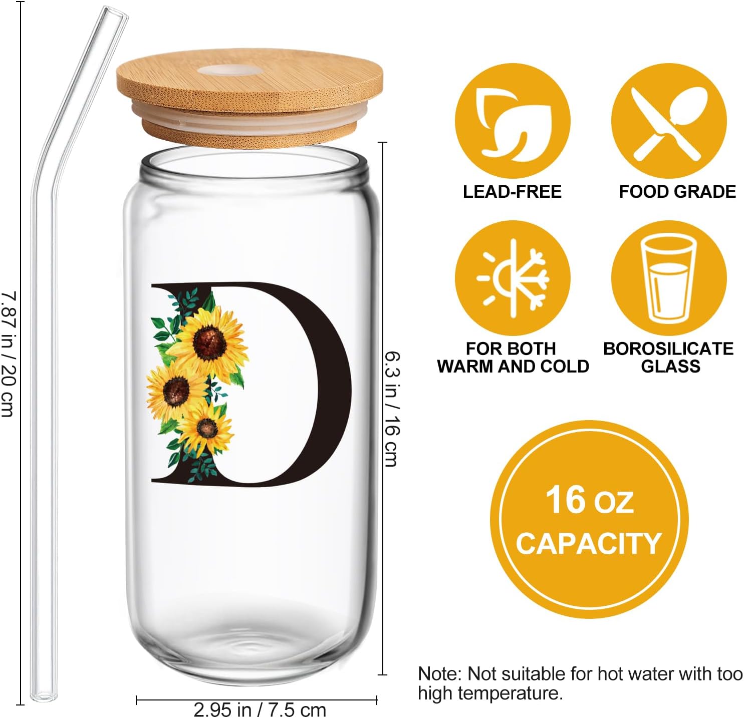 Birthday Gifts for Women, Initial Glass Cups w Lids and Straws, Sunflower Gift for Women, Personalized Gift, 16oz Glass Tumbler Cups W/Straw Lid, Monogrammed Birthday Gifts for Her Mom - D - Image 2