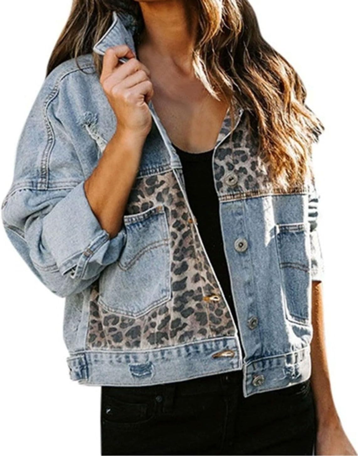 Women's Cotton Blend Denim Leopard Print Panelled Jacket