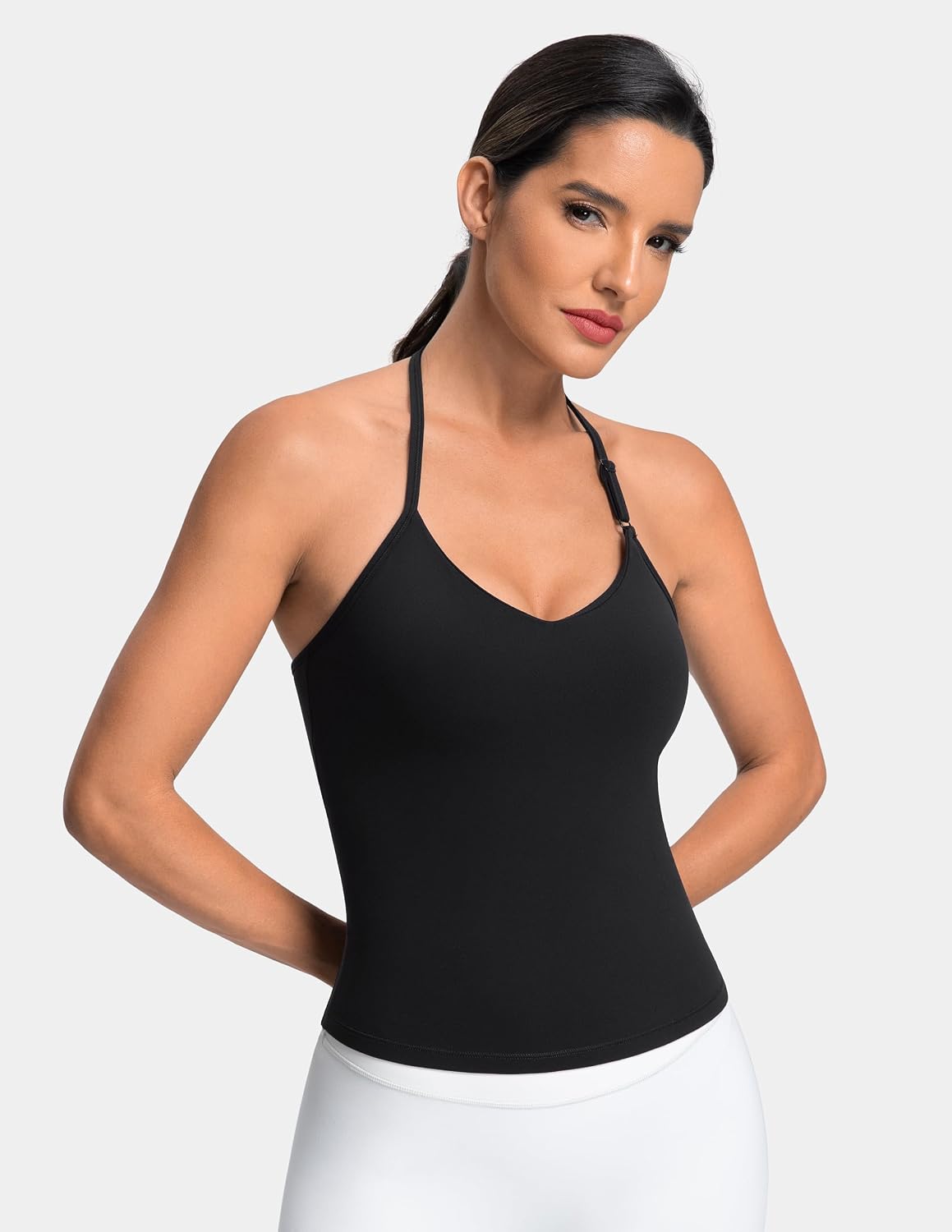Colorfulkoala Dreamlux Halter Tank Top Backless V Neck Built-in Bra Adjustable Spaghetti Strap Workout Yoga Crop Top