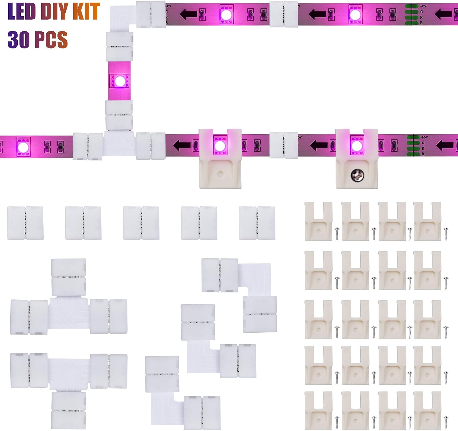LED Strip Connectors and Mounting Clips Full Kit, 4 Pin 10mm Gapless Solderless Extension for SMD 5050 5V-12V-24V LED Light Strip Connector Accessories