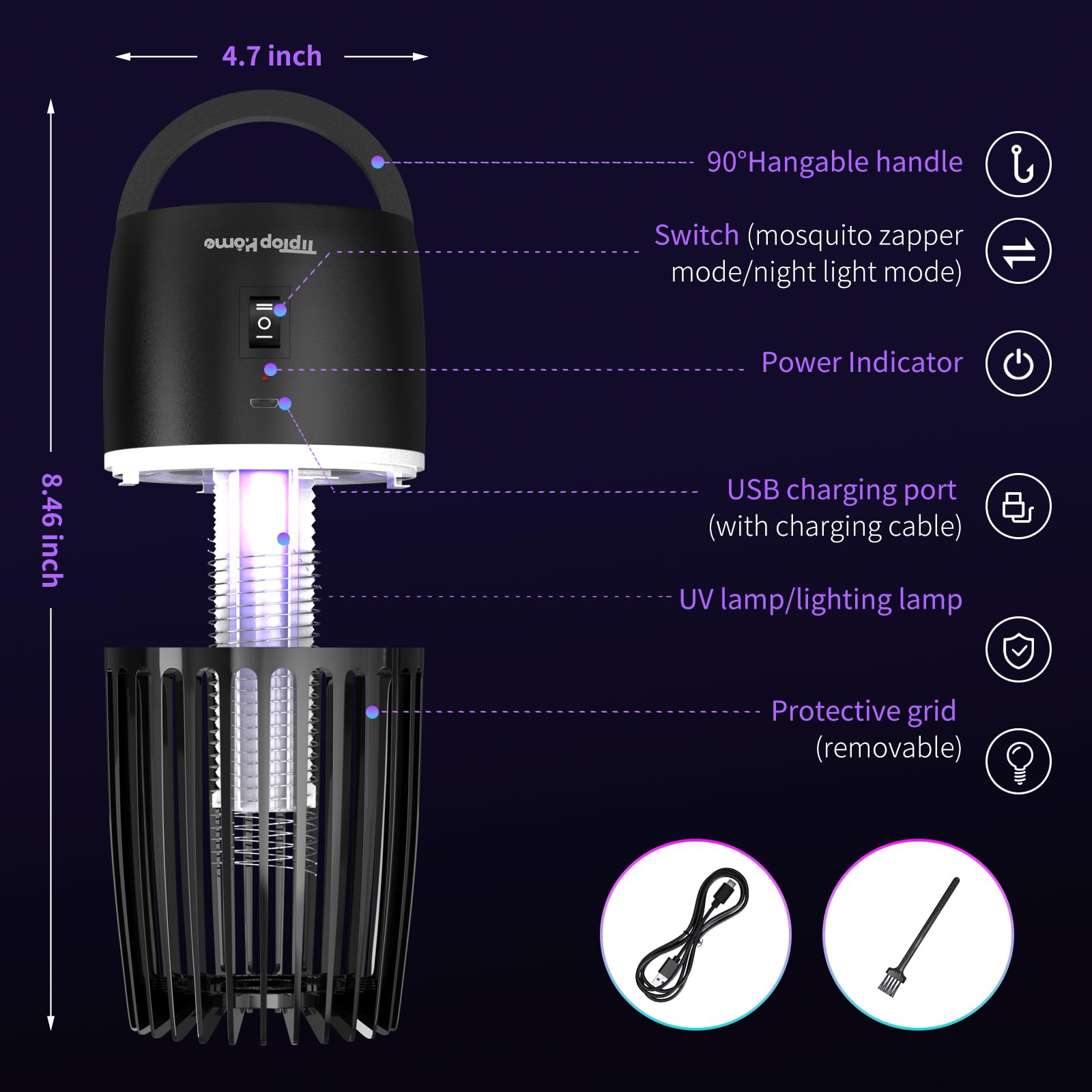 Lampe Anti Moustique, Lampe électrique Anti Insectes 4000mAh Rechargeable USB Piège à Mouche Insectes 360 ° UV Électrique Anti Moustique Veilleuse Intérieur Extérieur Veilleuse Puissant Attrayant