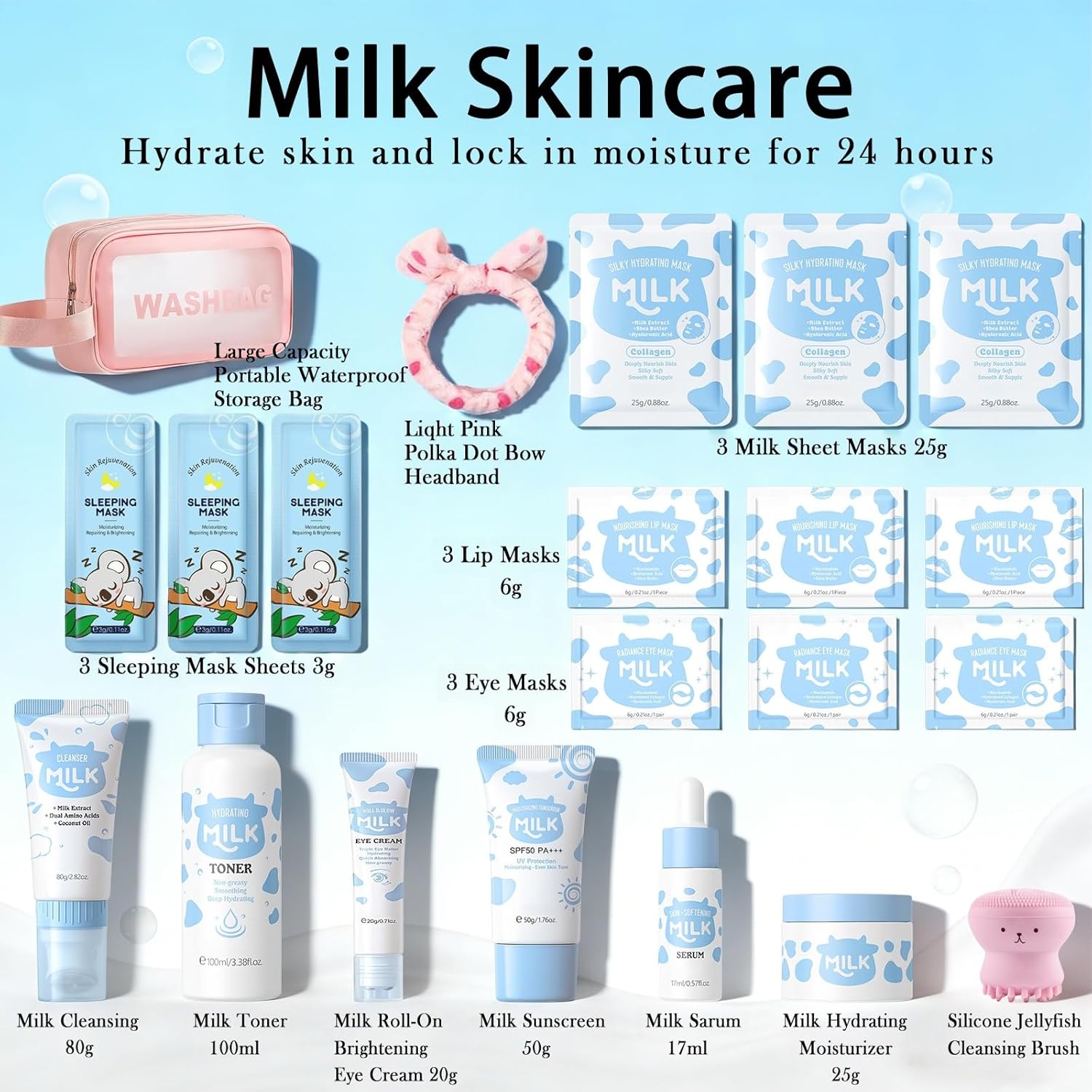 Milk Skin Care Set for Kids & Girls, 20 IN 1 Moisturizing & Gentle Milk Skincare for Teen Girls 10-12, Travel Kit & Skin Care Gifts, Birthday Gifts, Mothers Day Gift, Teacher Gift, 20PCS